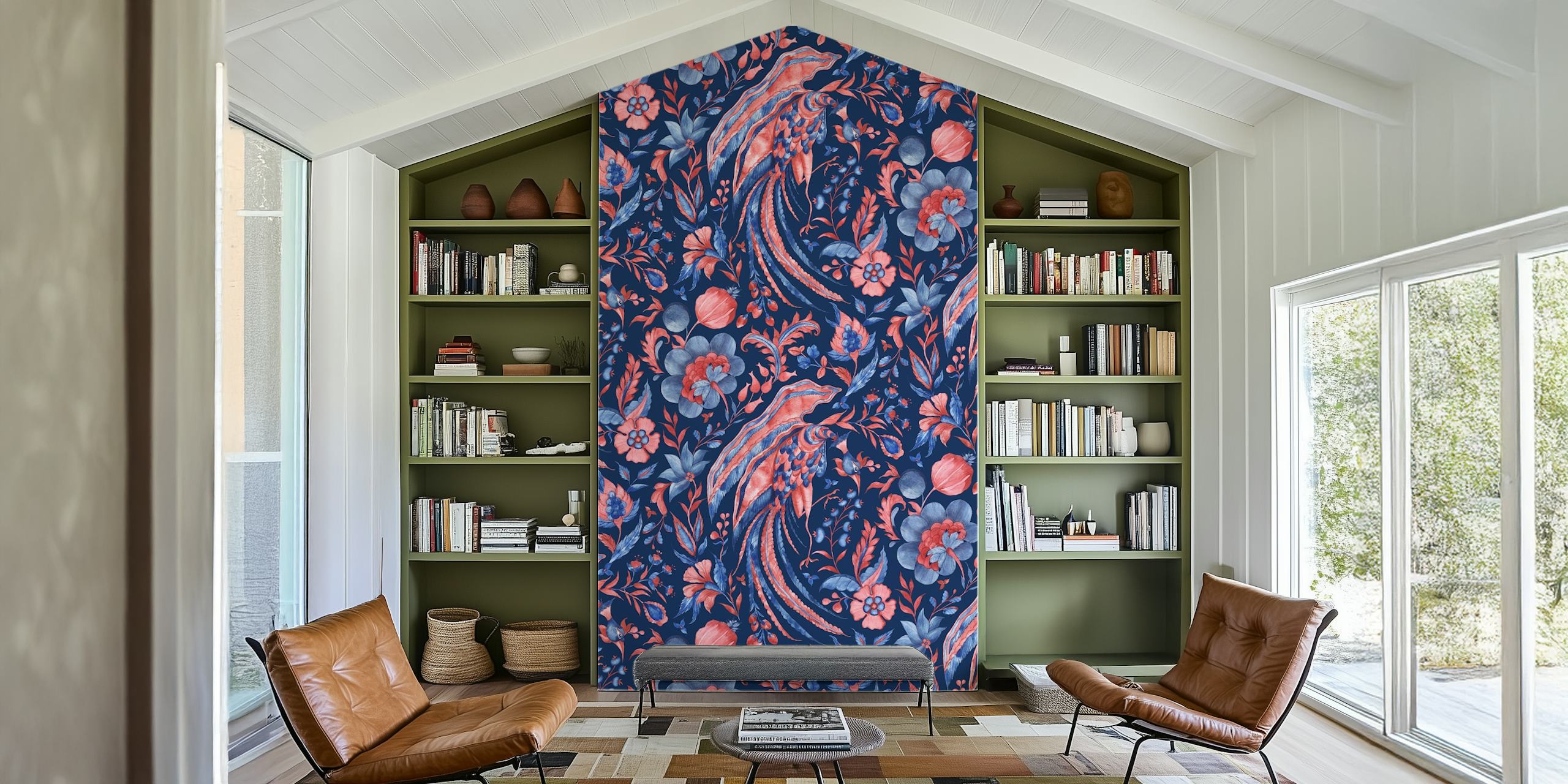 Dark blue floral wallpaper featuring pink flowers and leaves