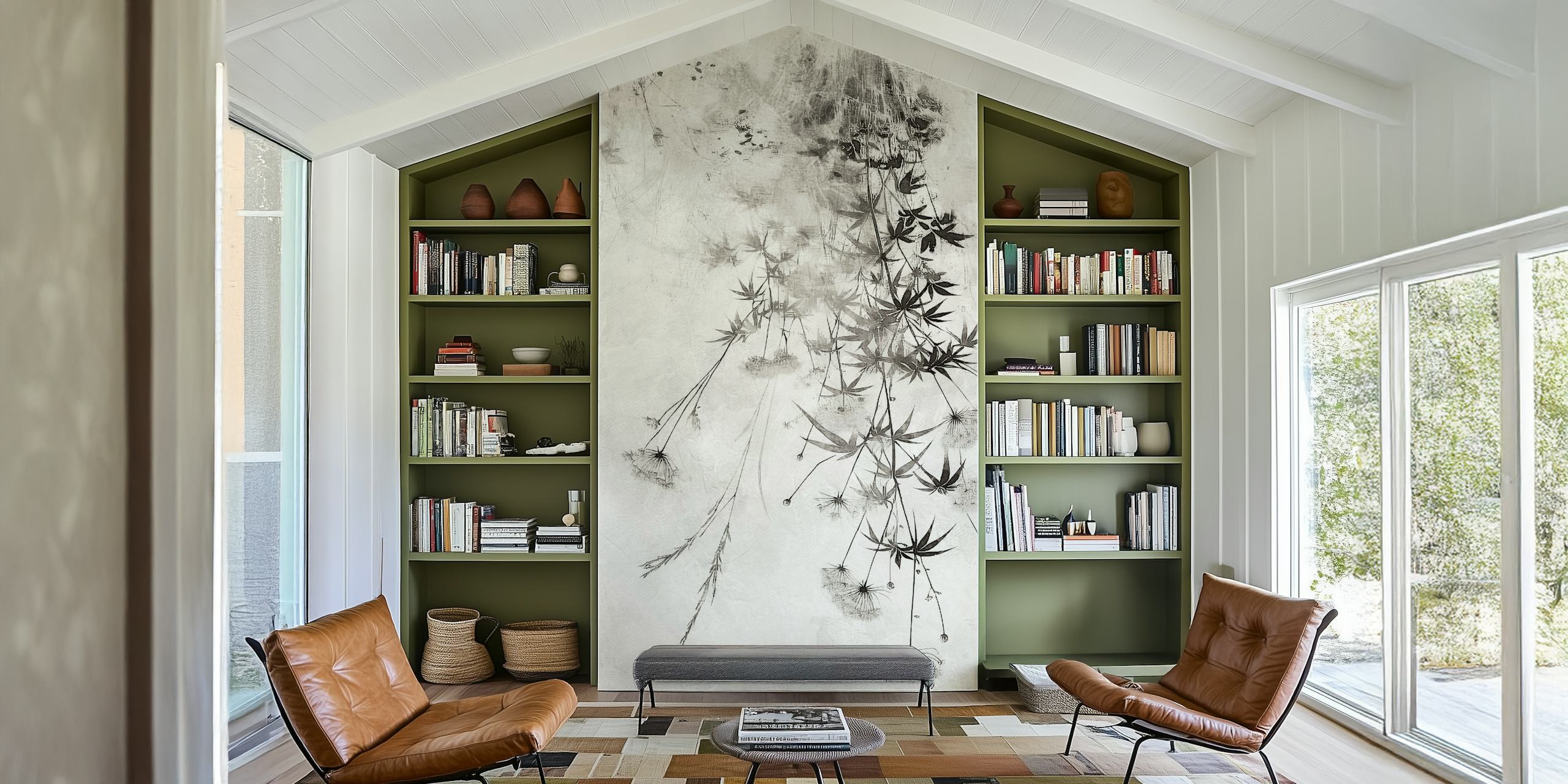 Black and white floral design with leaves and flowers wallpaper