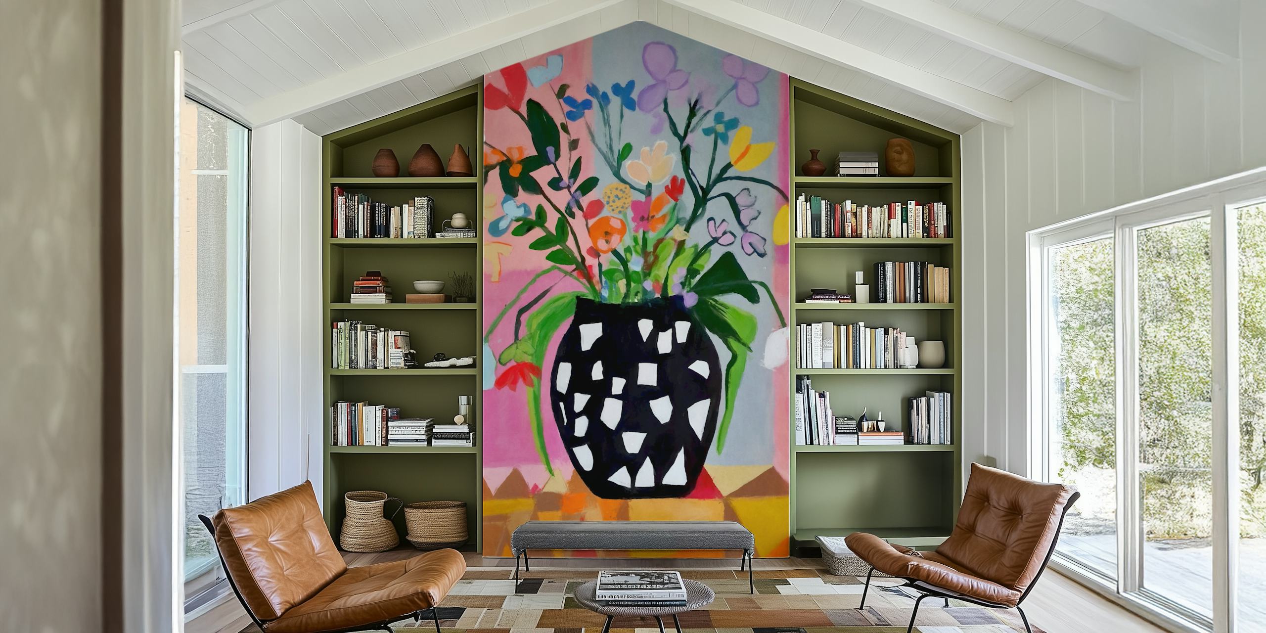 Colorful flowers in a black vase with geometric patterns wallpaper