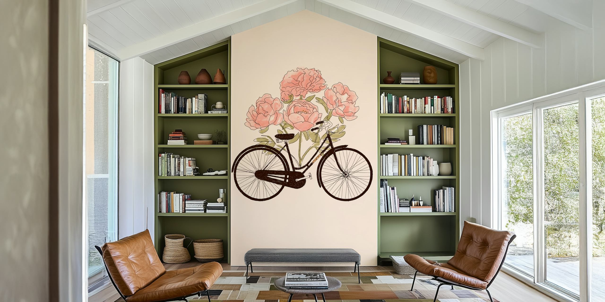 Vintage bike with pink peonies on a soft beige background wallpaper
