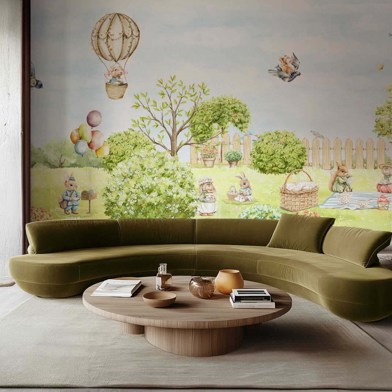 Whimsical woodland adventure wallpaper in a room