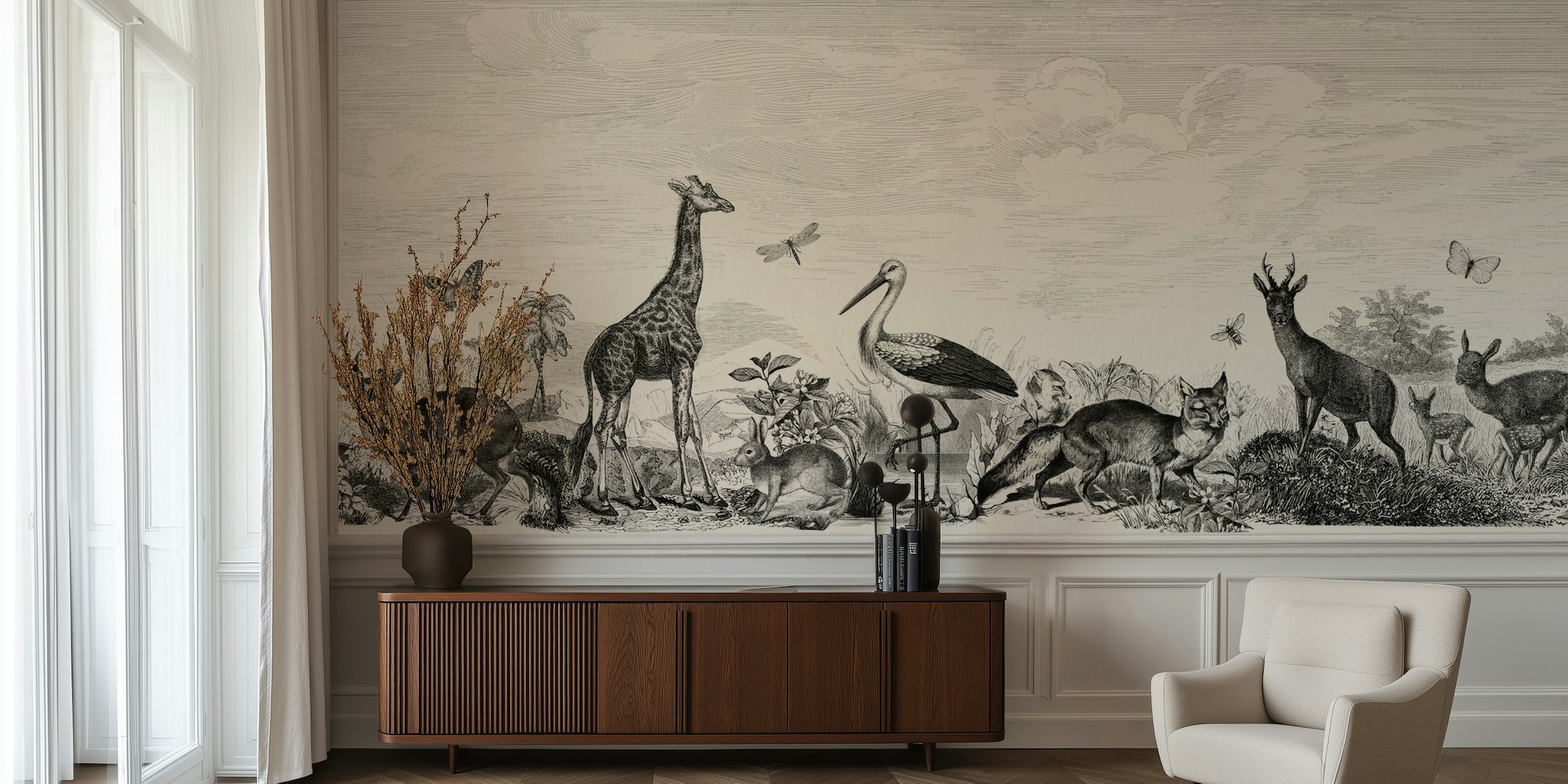 Tapeta Vintage animals vystavená v místnosti