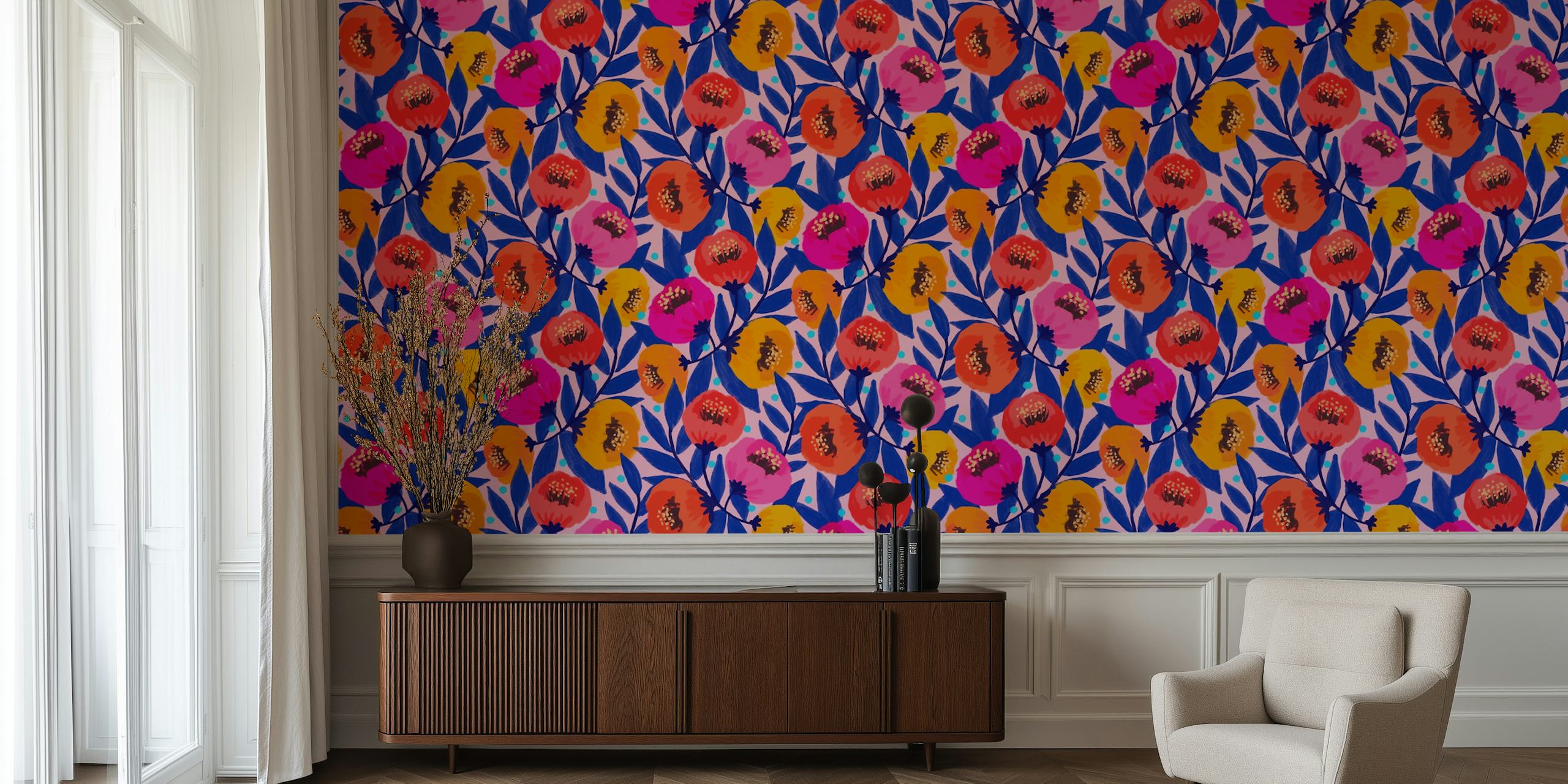 Colorful floral pattern with pink, orange, and blue tones wallpaper