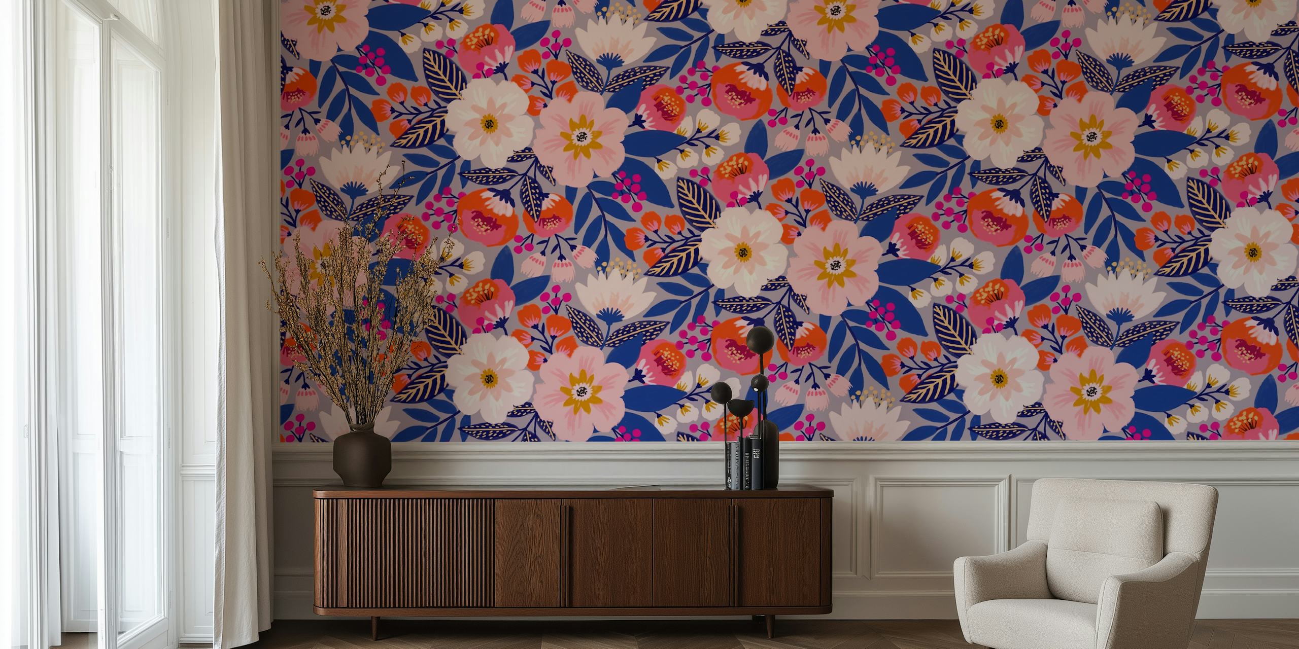 Navy achtergrond met bloemen in roze en oranje, bloemmotieven wallpaper