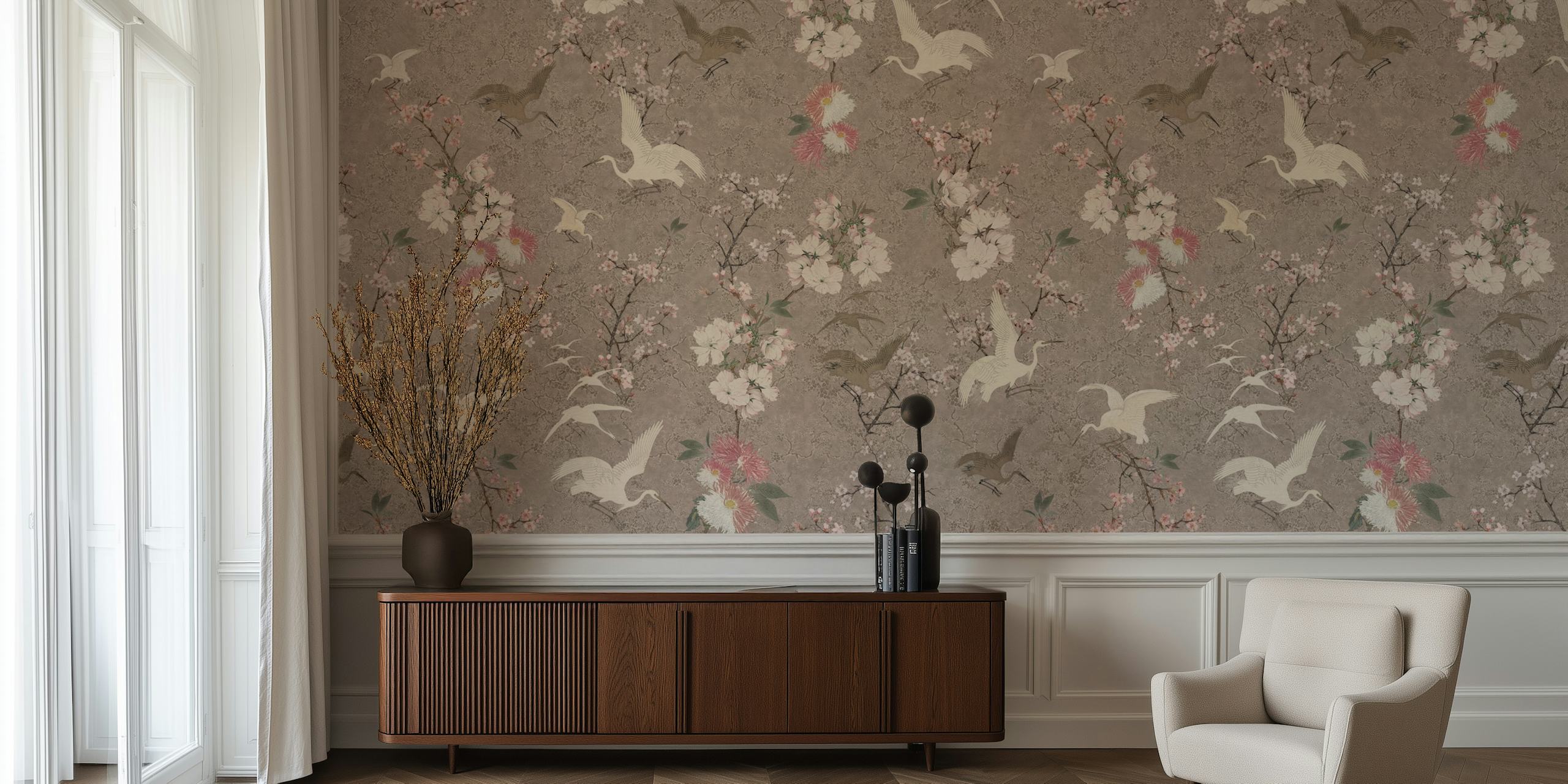 Vintage chinoiserie birds and blossoms tapeta