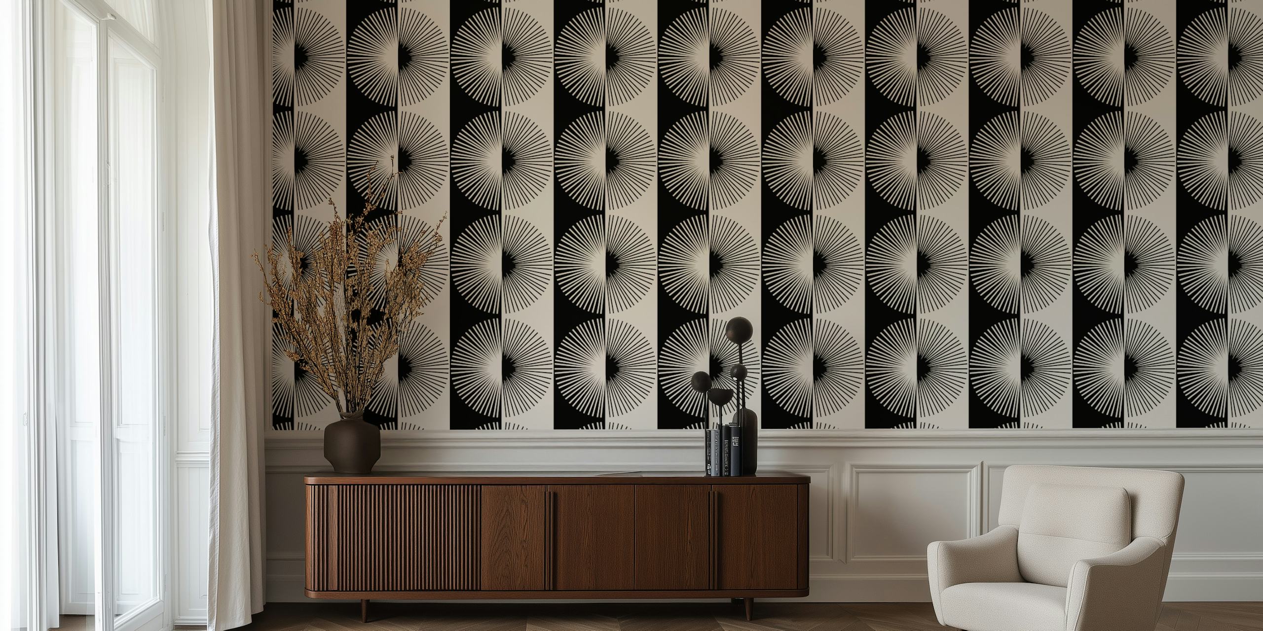 Black and white geometric pattern wallpaper with circular designs