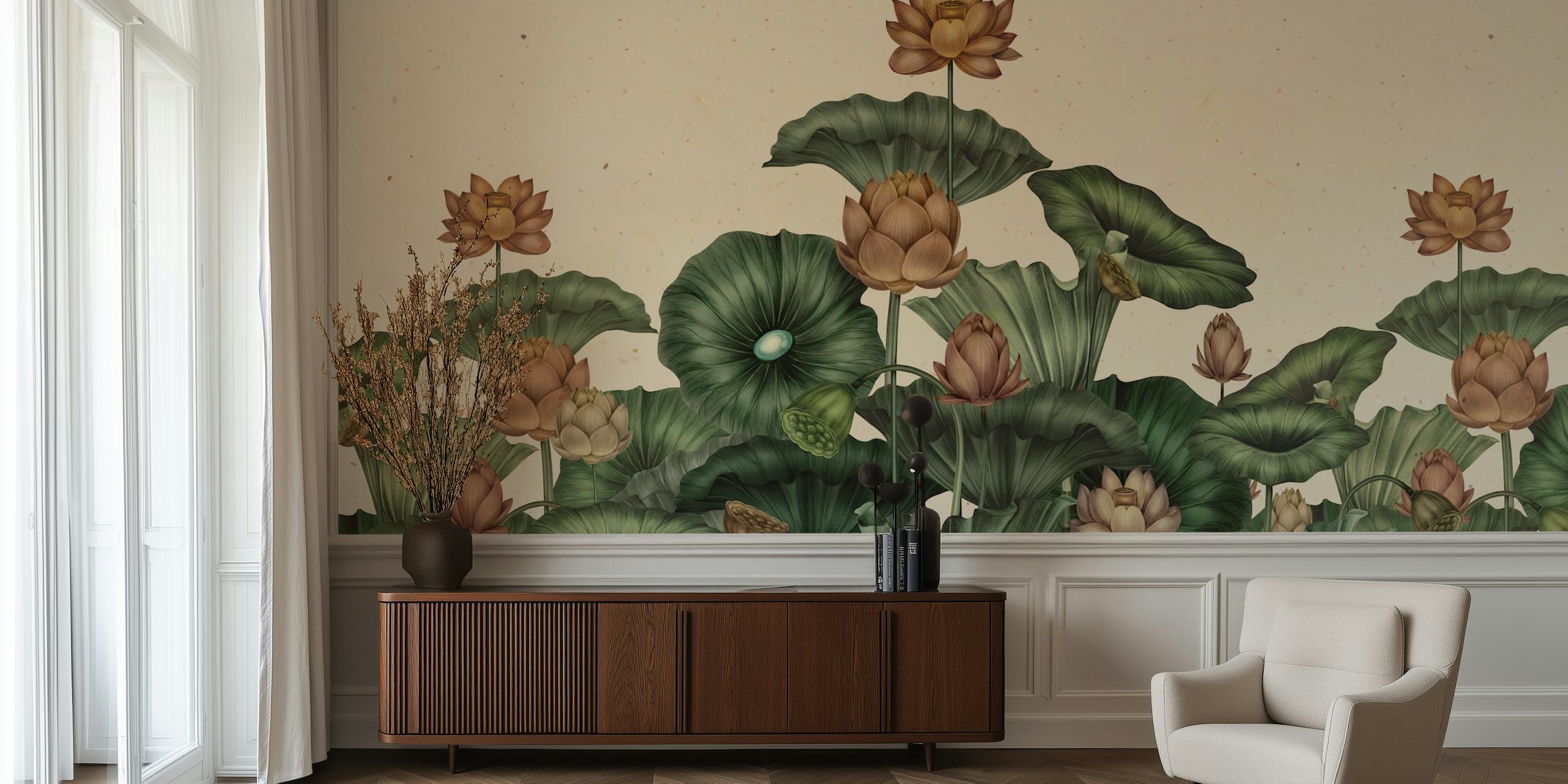 Papel de parede Zen Lotus Botanical Escape em um quarto