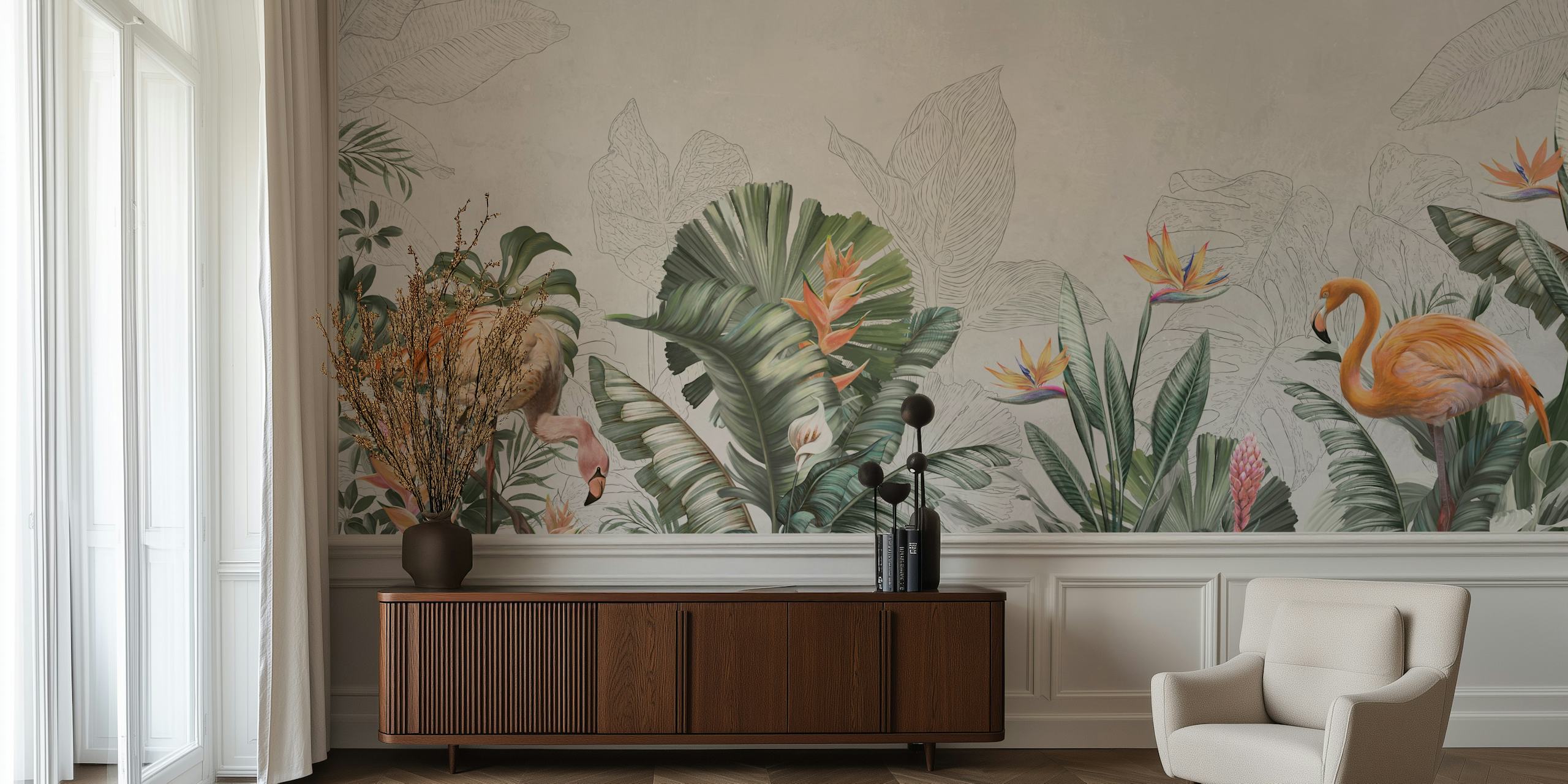 Tropical flamingo and foliage in vibrant colors wallpaper