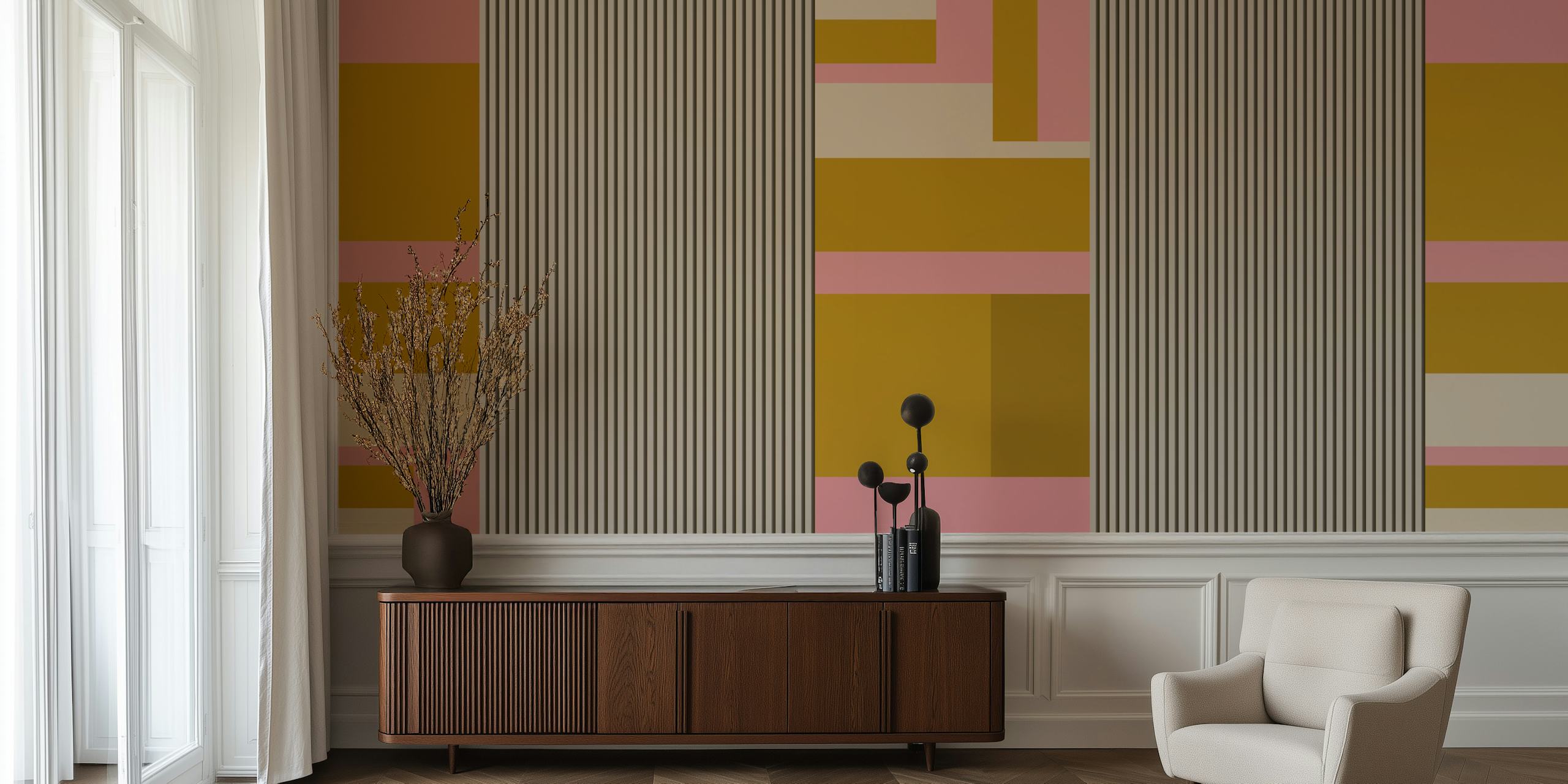 Abstract striped wallpaper in pink, gold, and cream tones