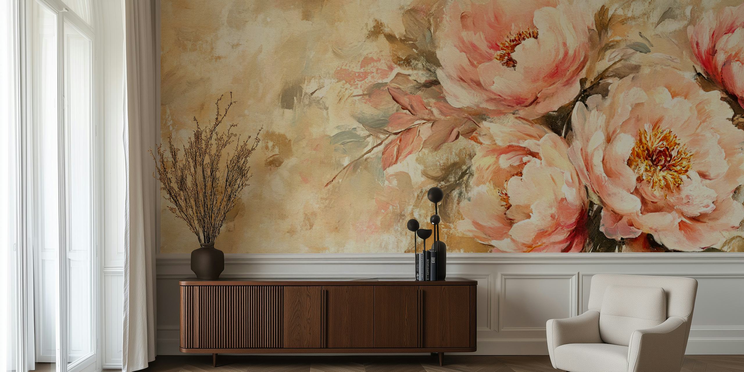 Elegant peach peony blooms wallpaper in a room