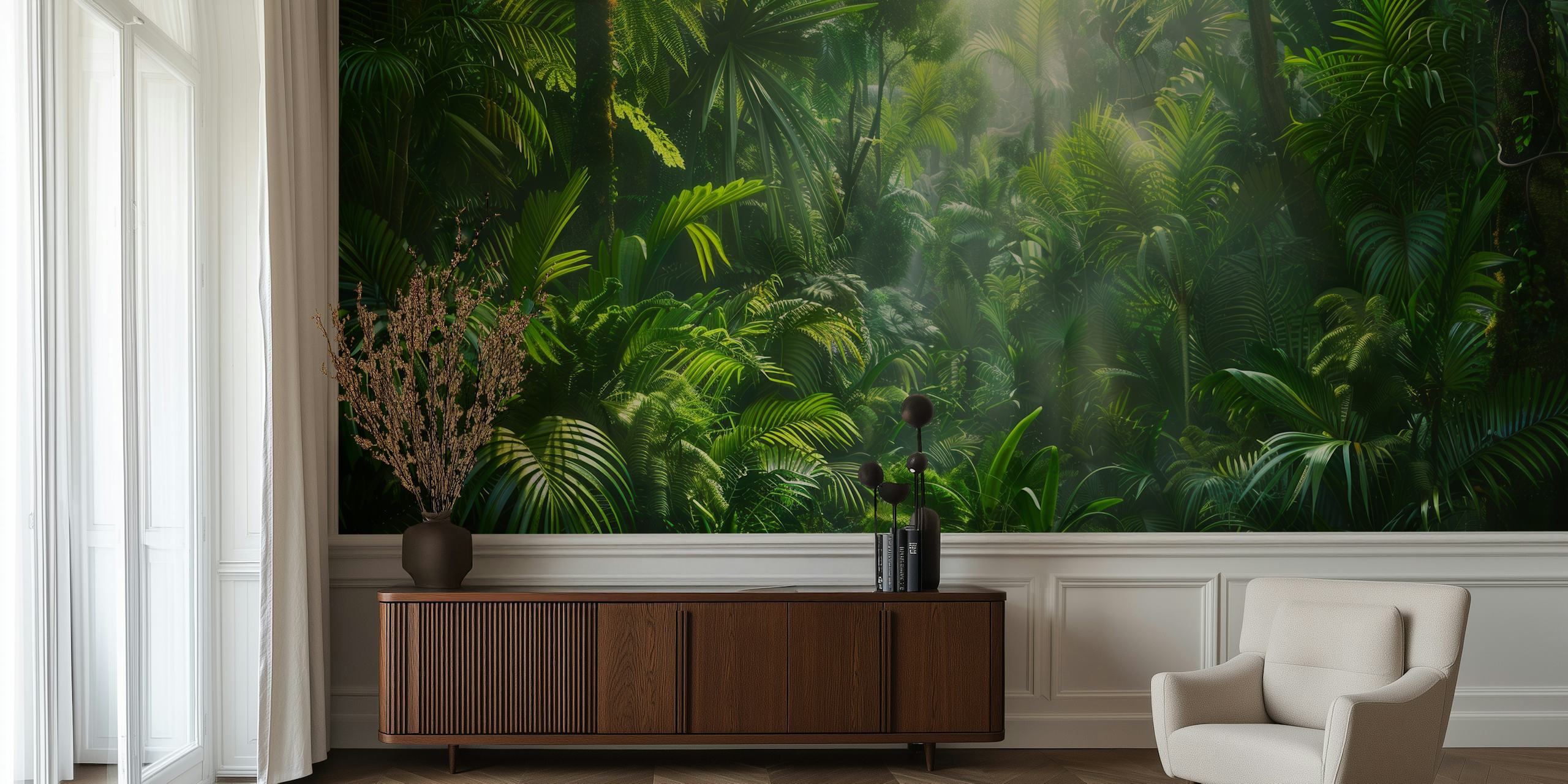 Lush green tropical jungle foliage wallpaper