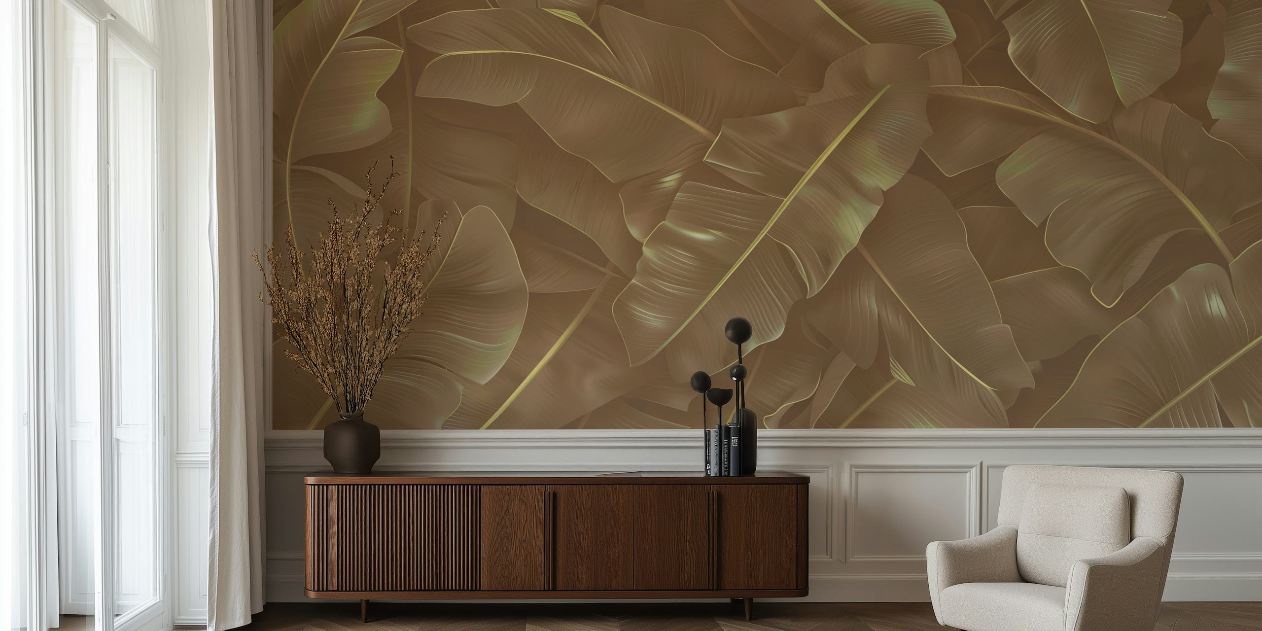 Gold tropical leaves on a textured background wallpaper