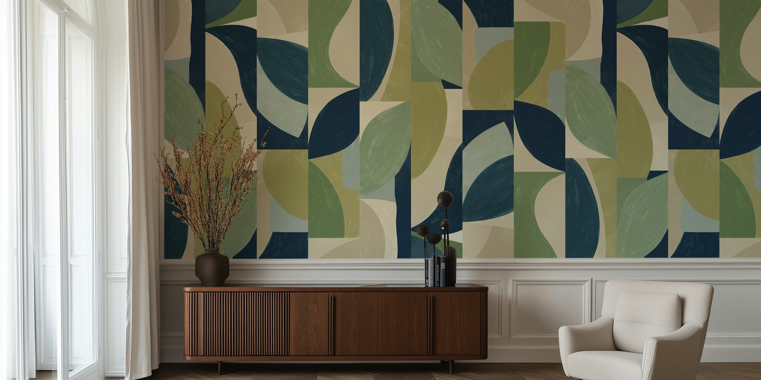Geometric leaf patterns in earthy tones of green and navy wallpaper