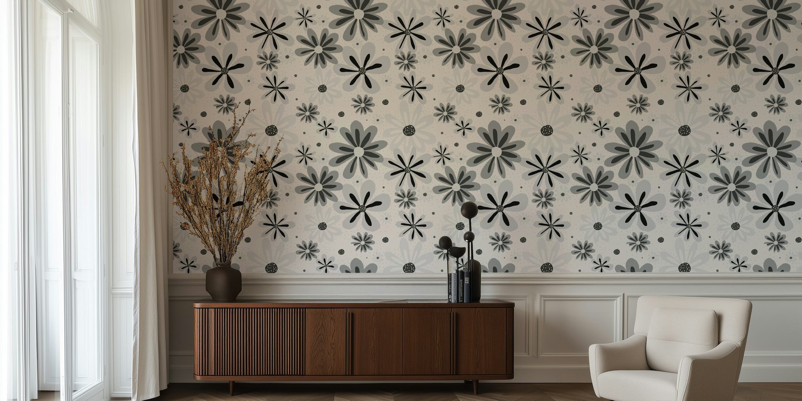 Black and white floral pattern wallpaper featuring assorted flower shapes and styles