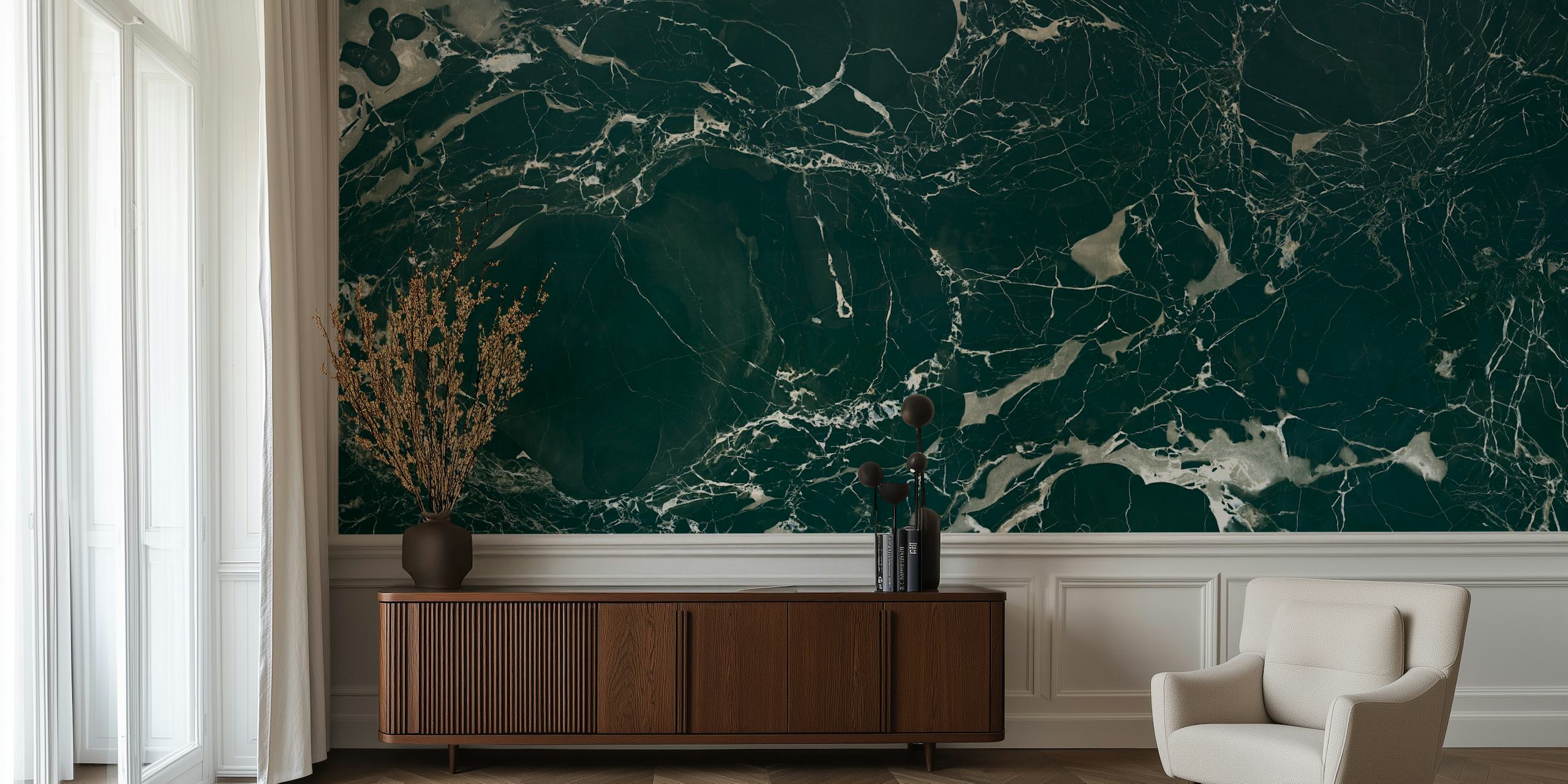 Green marble texture with black and white veining wallpaper