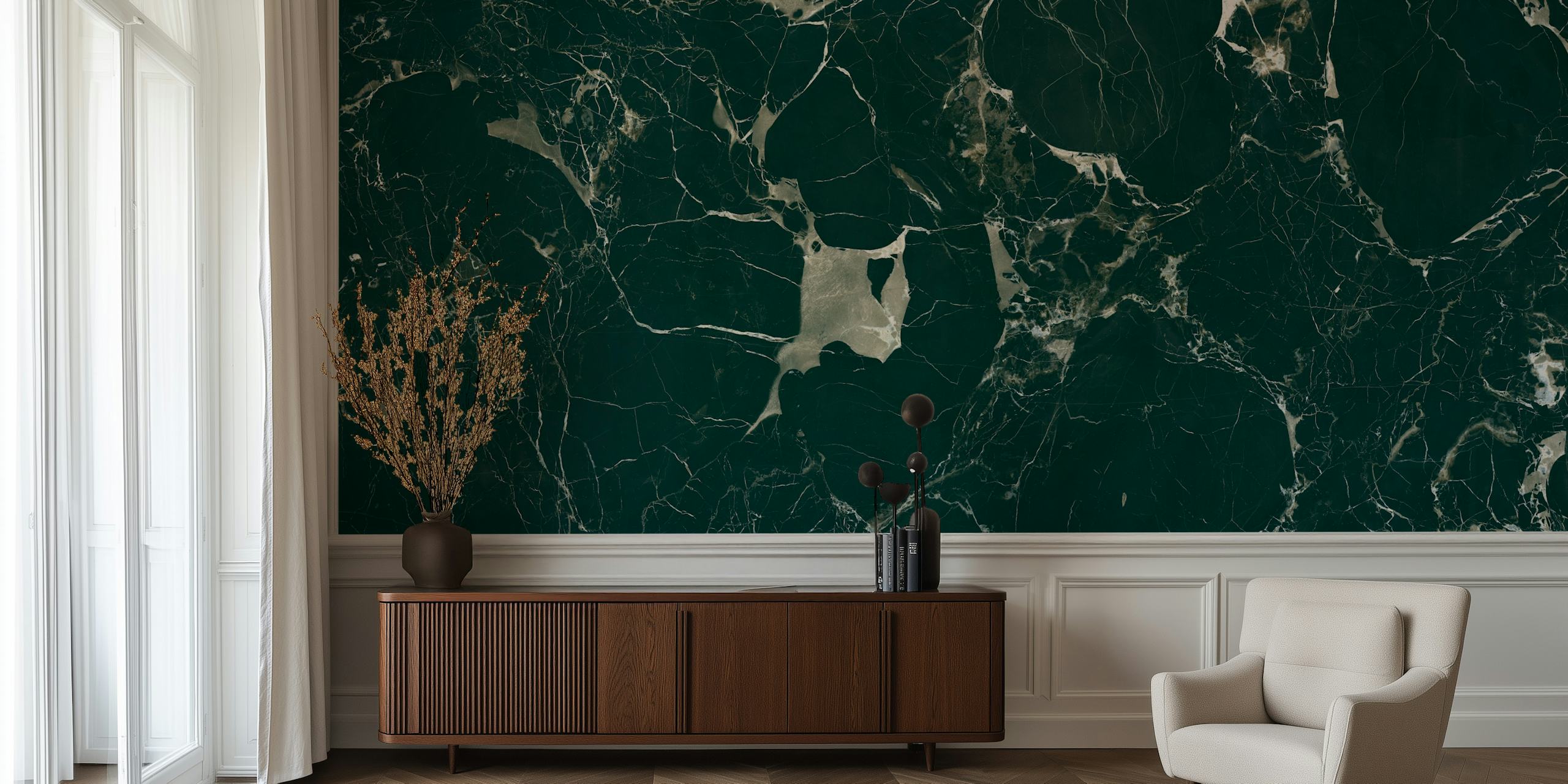 Organisch mosgroene steen textuur wallpaper in een kamer