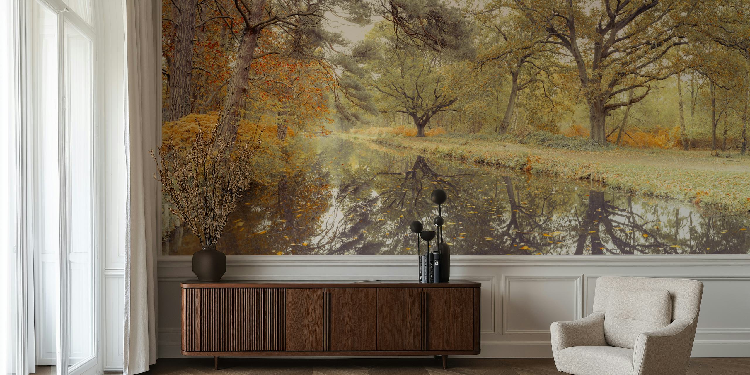 Calm waters in a fall forest wallpaper