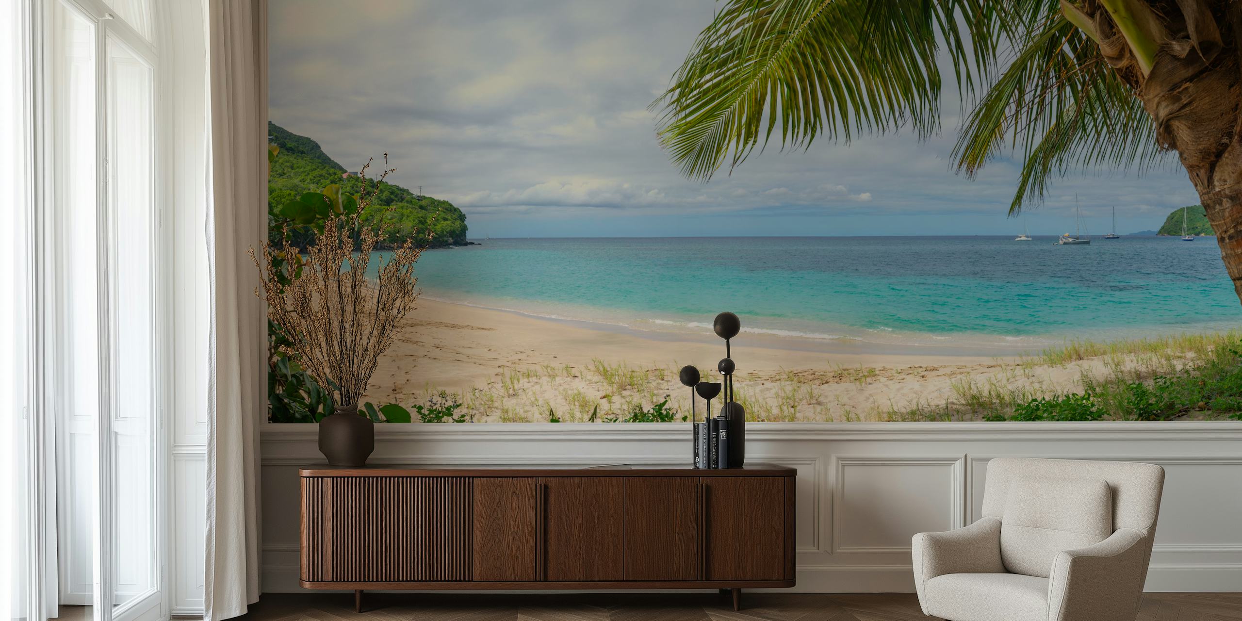 Tropical beach scene with palm trees and turquoise waters wallpaper