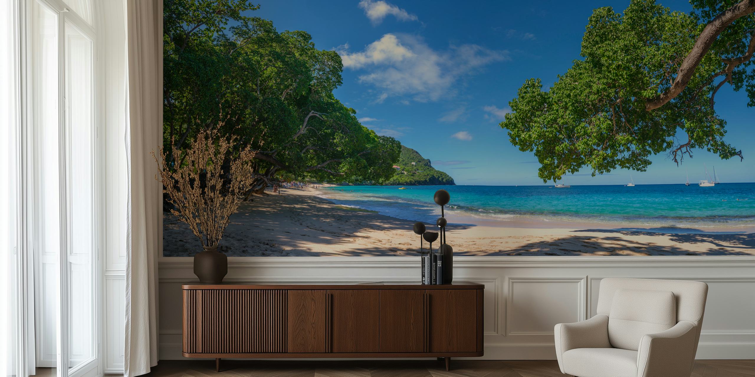 Coastal beach landscape with green trees, blue ocean and sky wallpaper