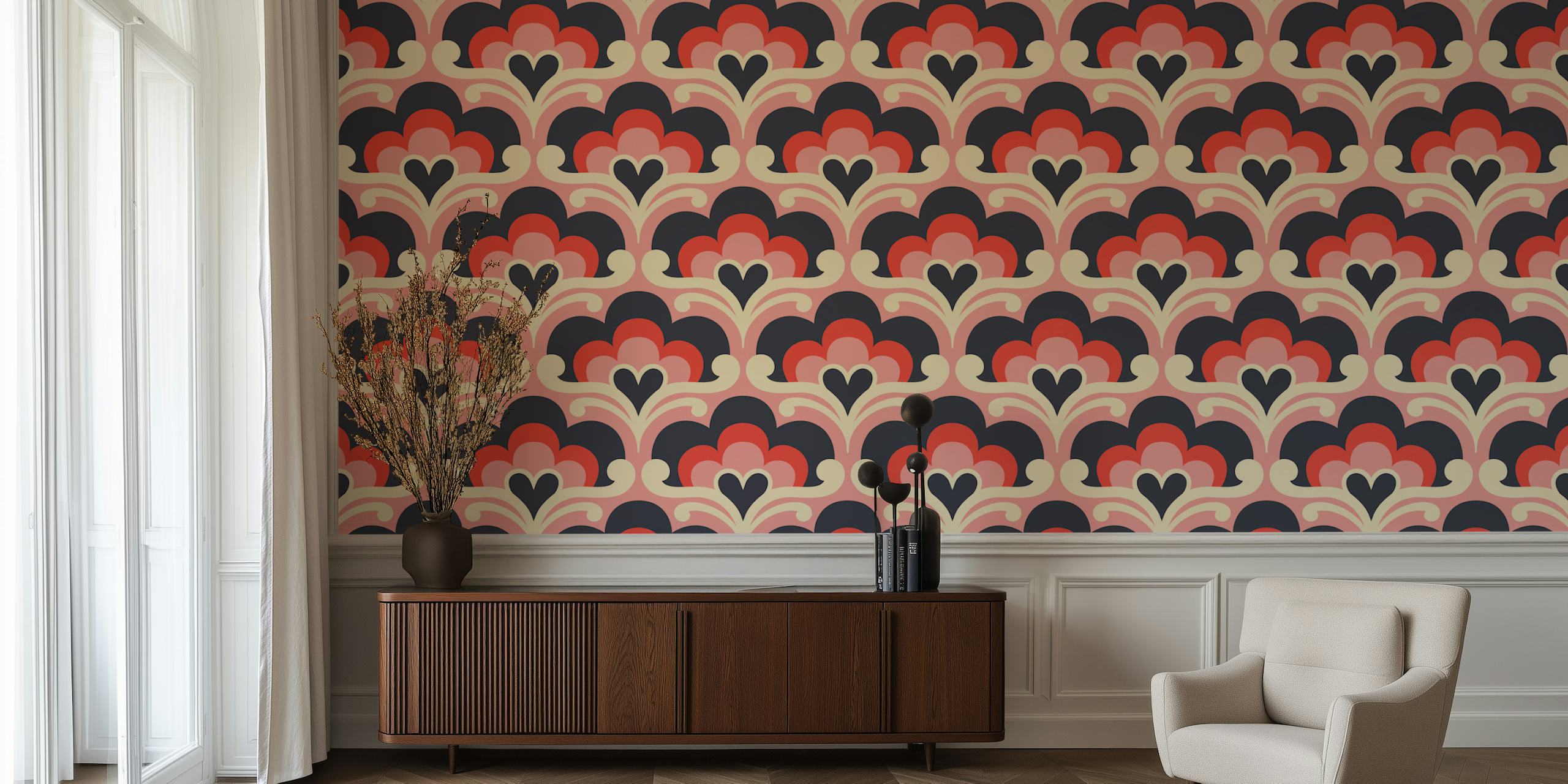 Pink and navy scallop blossom pattern wallpaper
