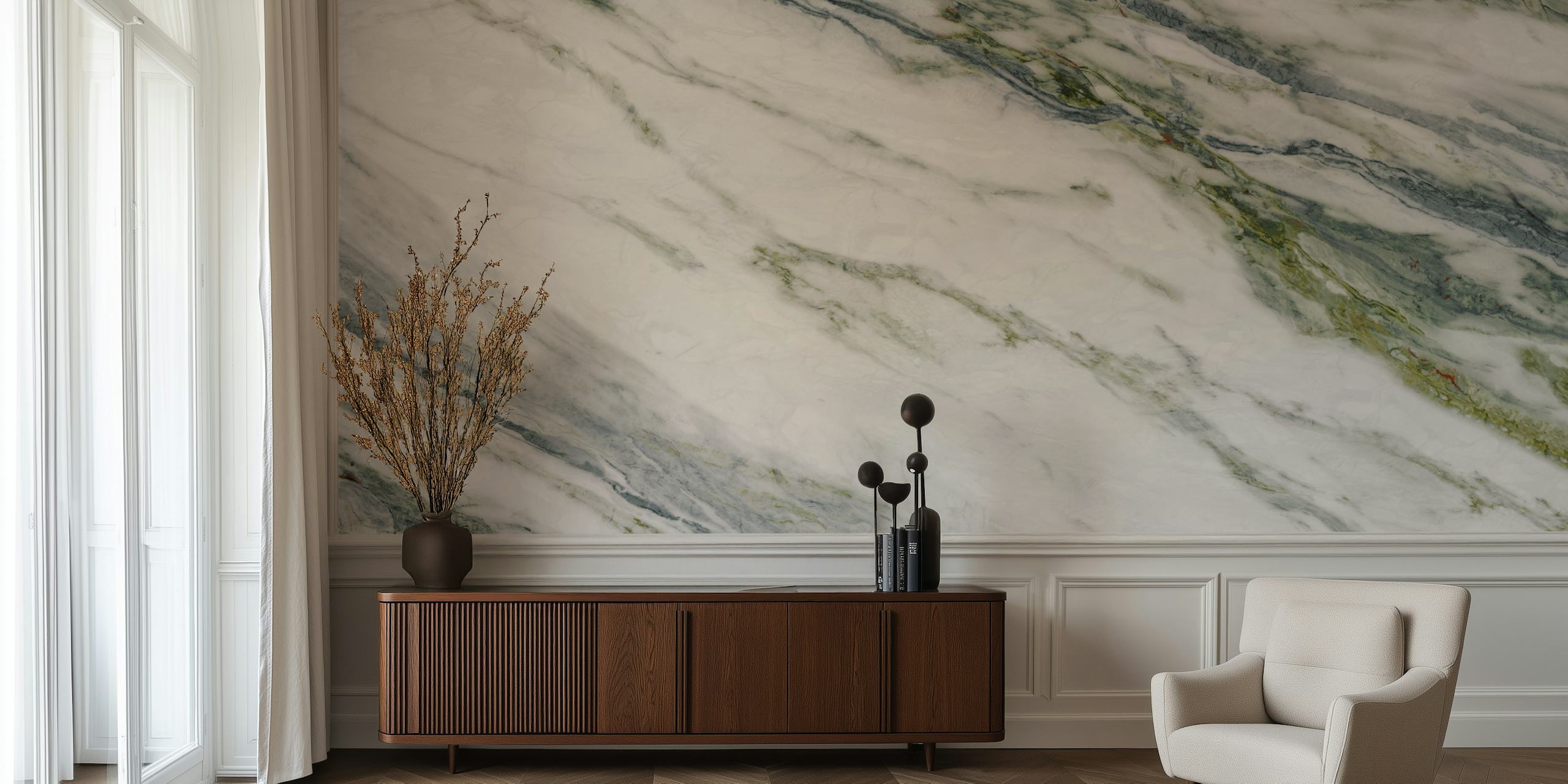 Calacatta Verde marble pattern wallpaper featuring white and green veining.