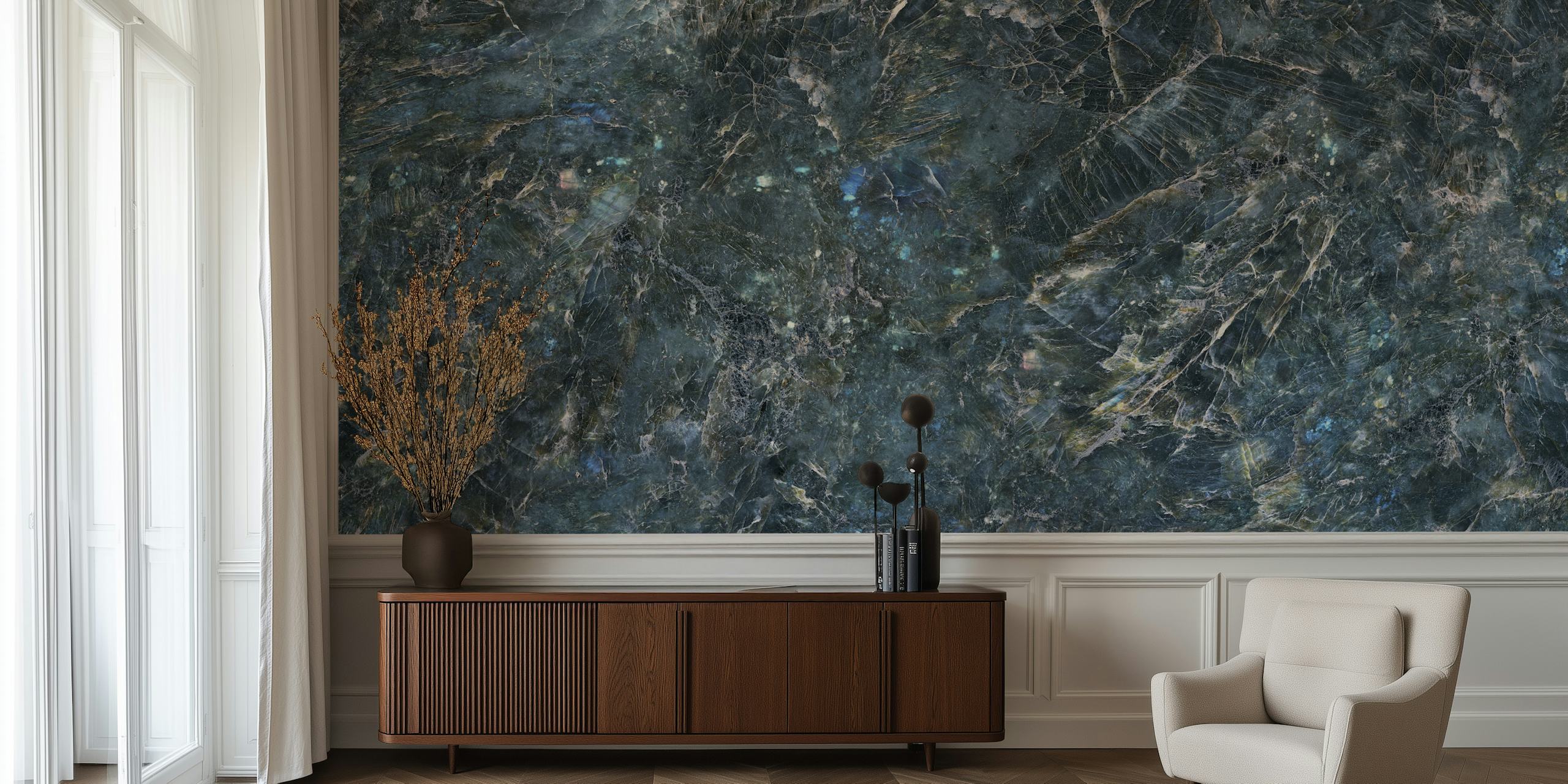 Elegant blue marble wallpaper in room setting