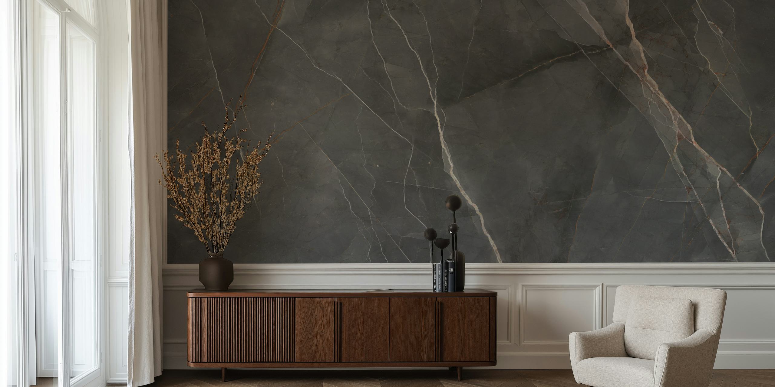 Graphite Black Marble papel pintado en una habitación moderna
