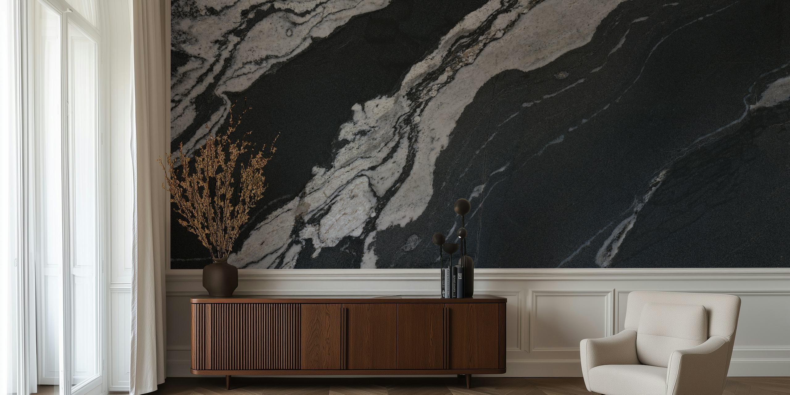 Dark Marble Veins behang in een moderne kamer