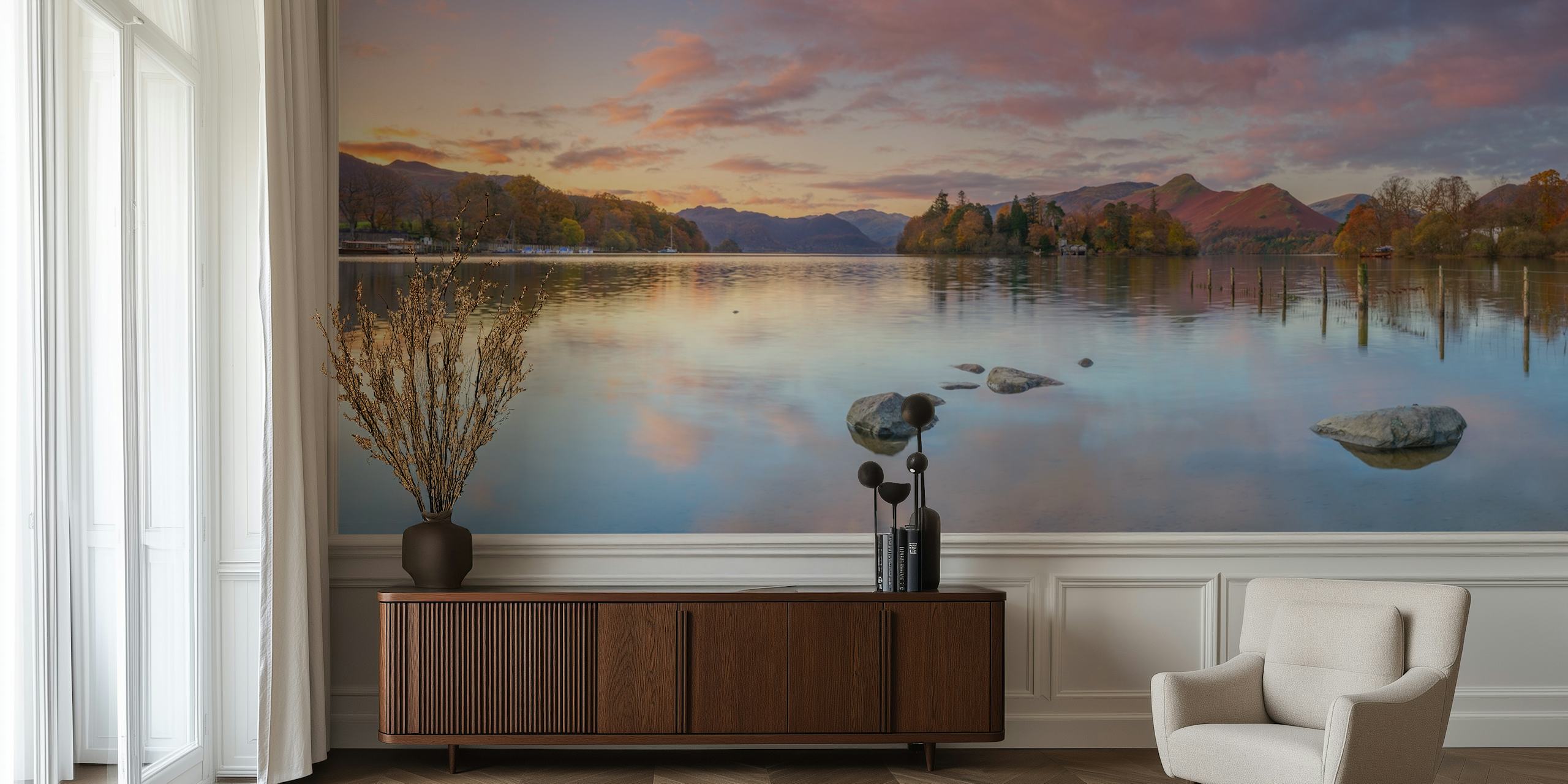 Behang Lake surrounded by mountains in een kamer
