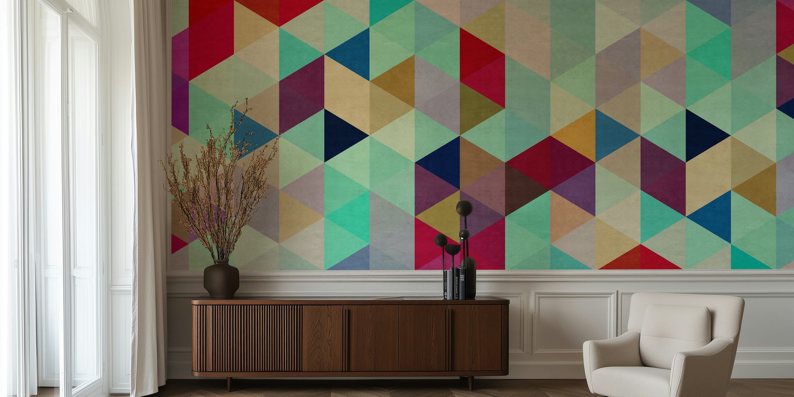 Vibrant wall mural of colored triangles in an interlocking pattern