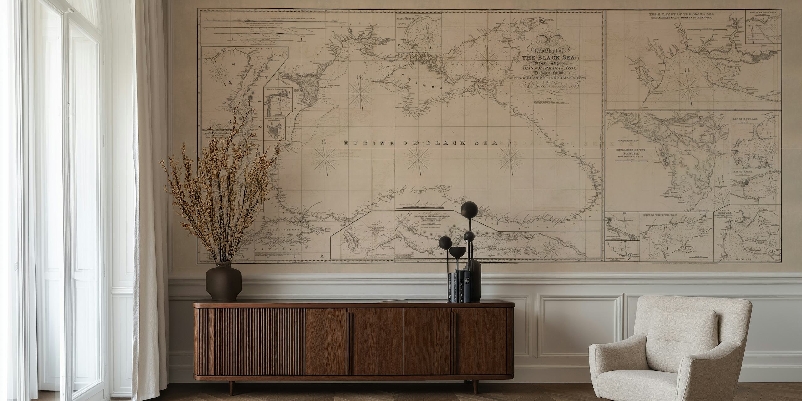 Vintage cartographic wall mural of the Black Sea with intricate geographical details