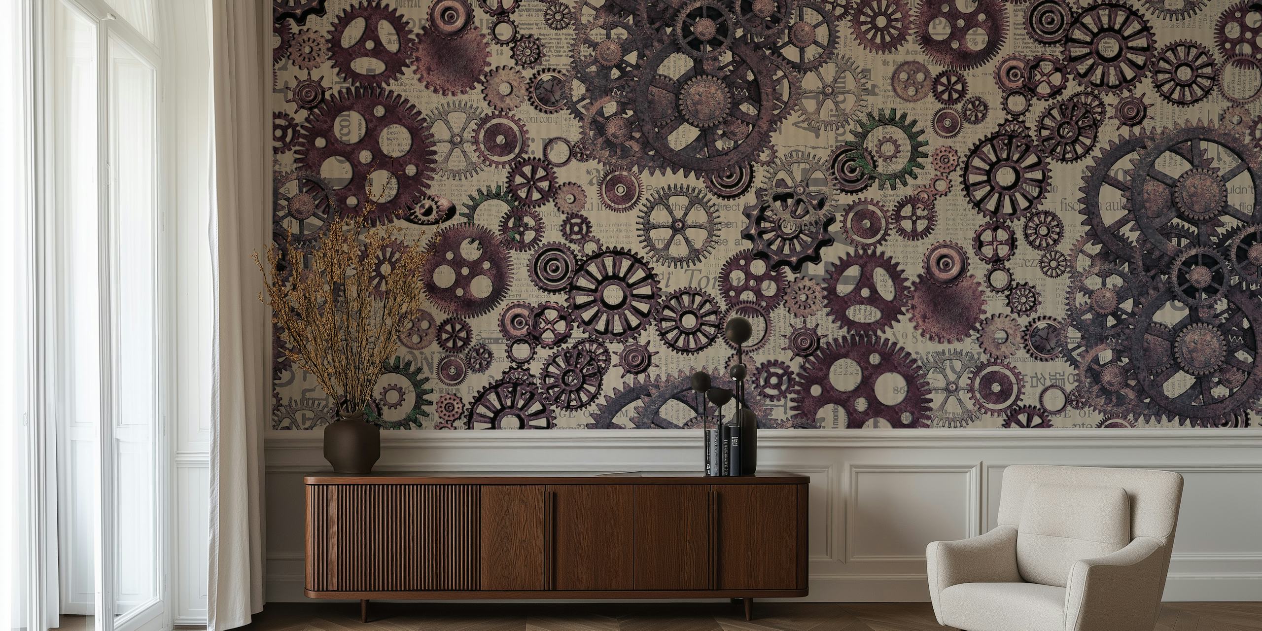 Papel de parede Steampunk Gears exibido em um quarto