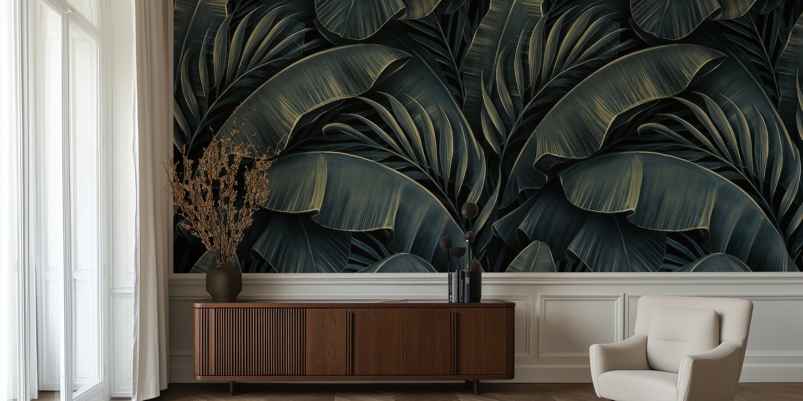 Dark tropical plants wall mural with lush green and blue hues