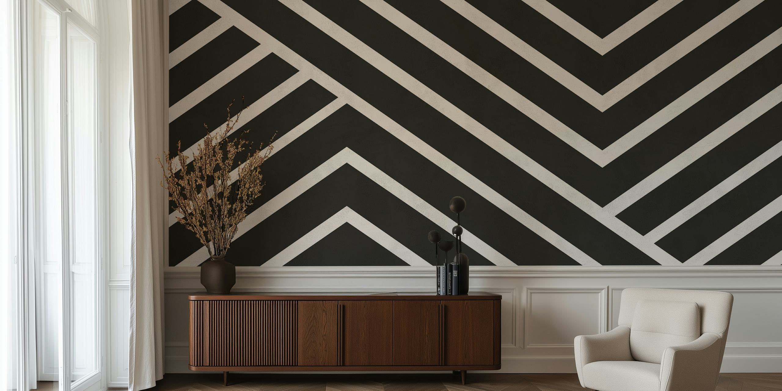 Geometrische lijnen in zwart en wit op behang