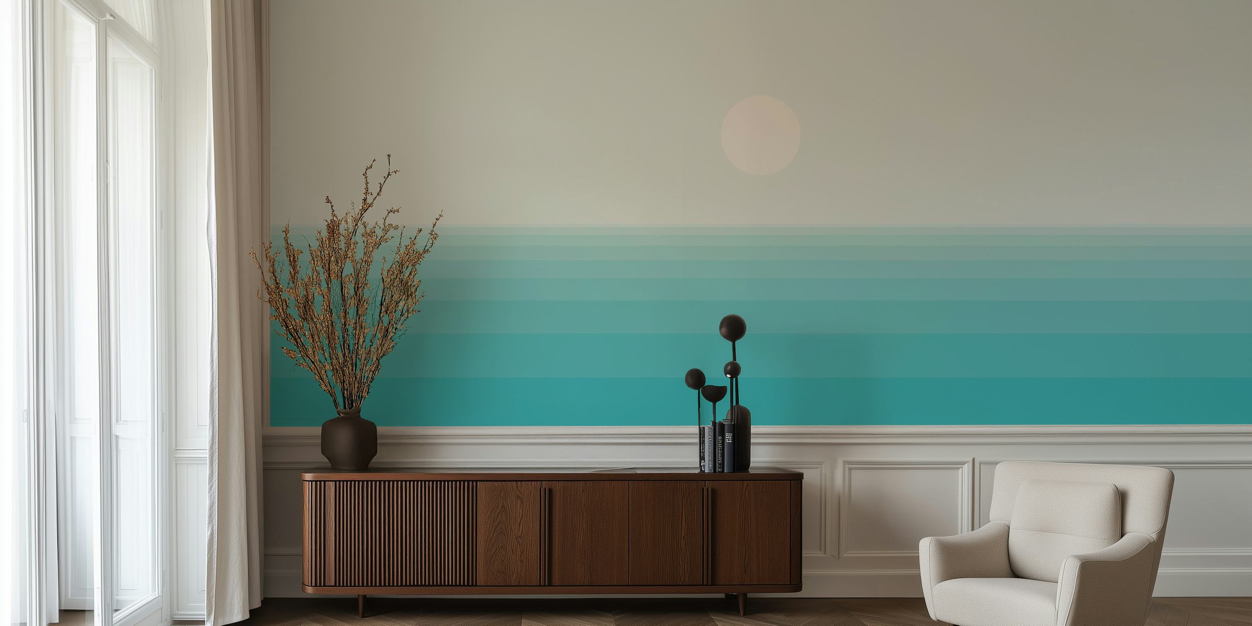 Gradient waves in shades of blue and teal with a white sun wallpaper