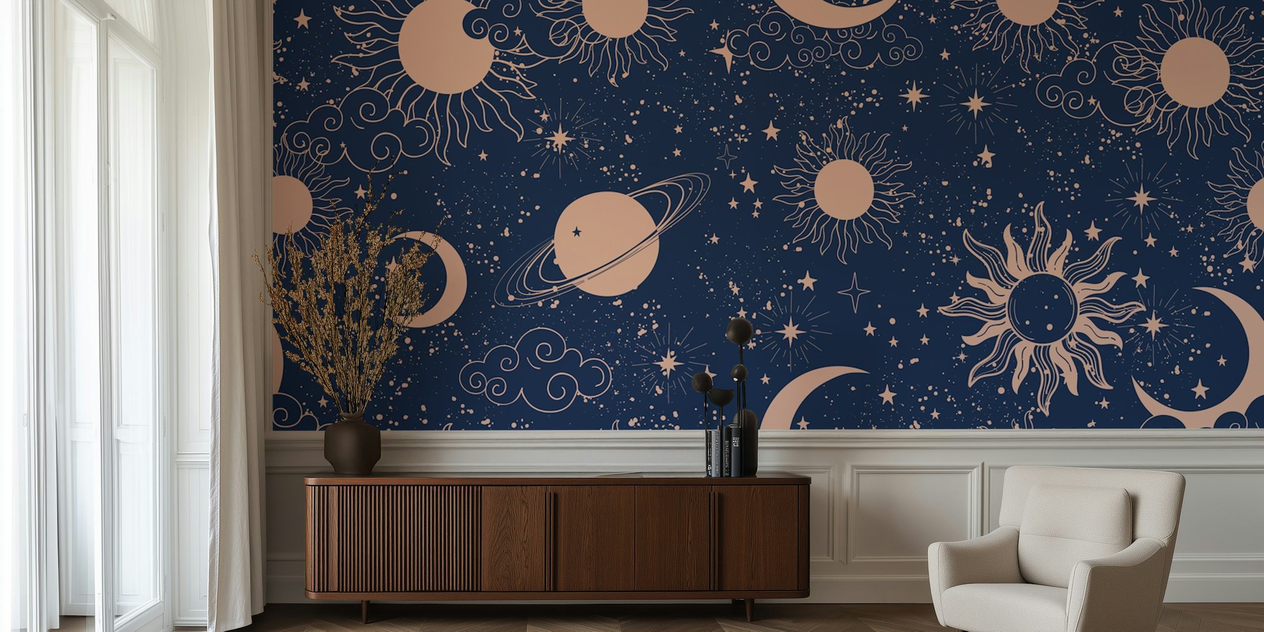 Celestial wallpaper featuring suns, moons, stars in navy and peach colors.