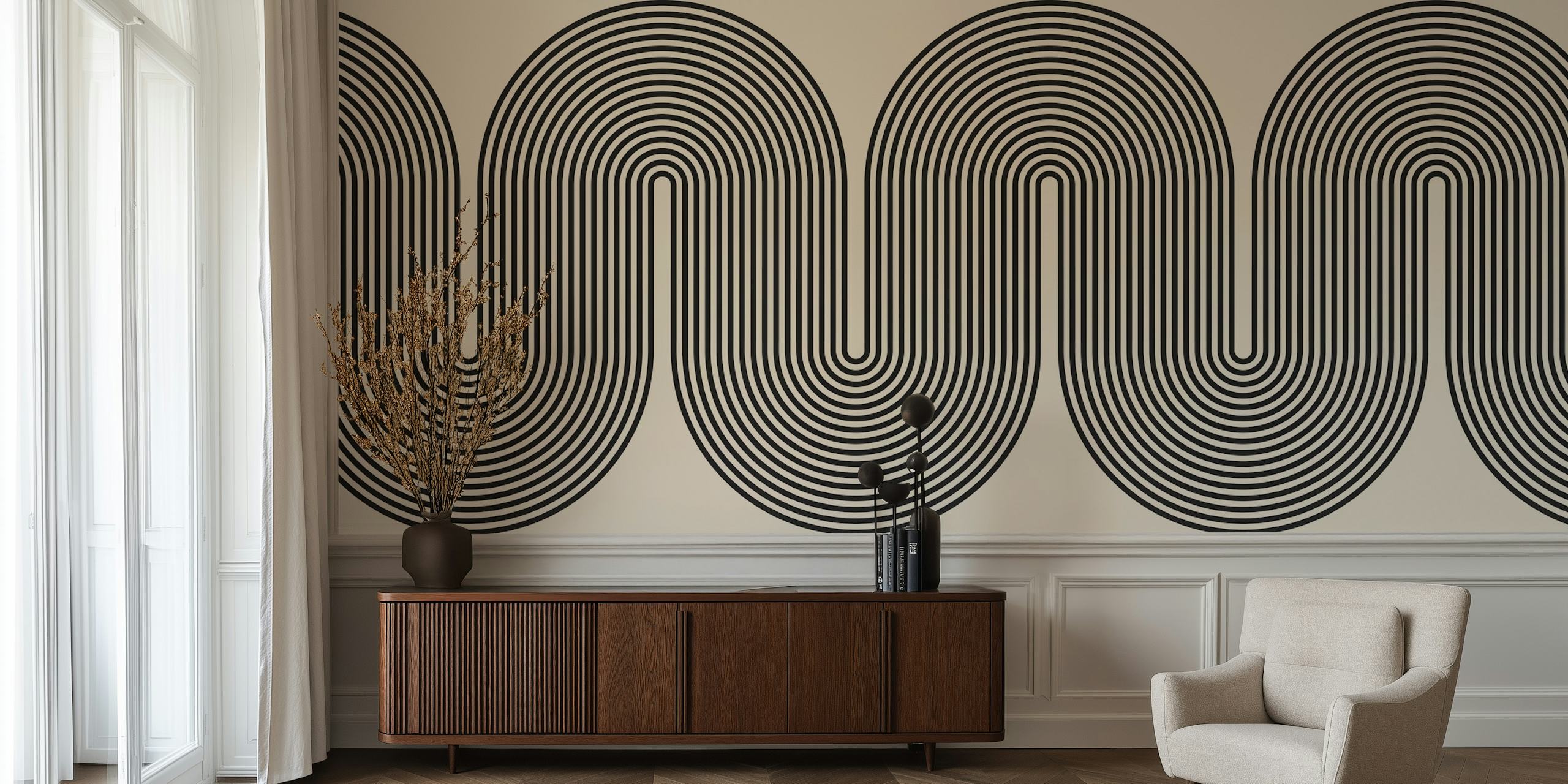 Wavy lines tapet i et stilfullt rom
