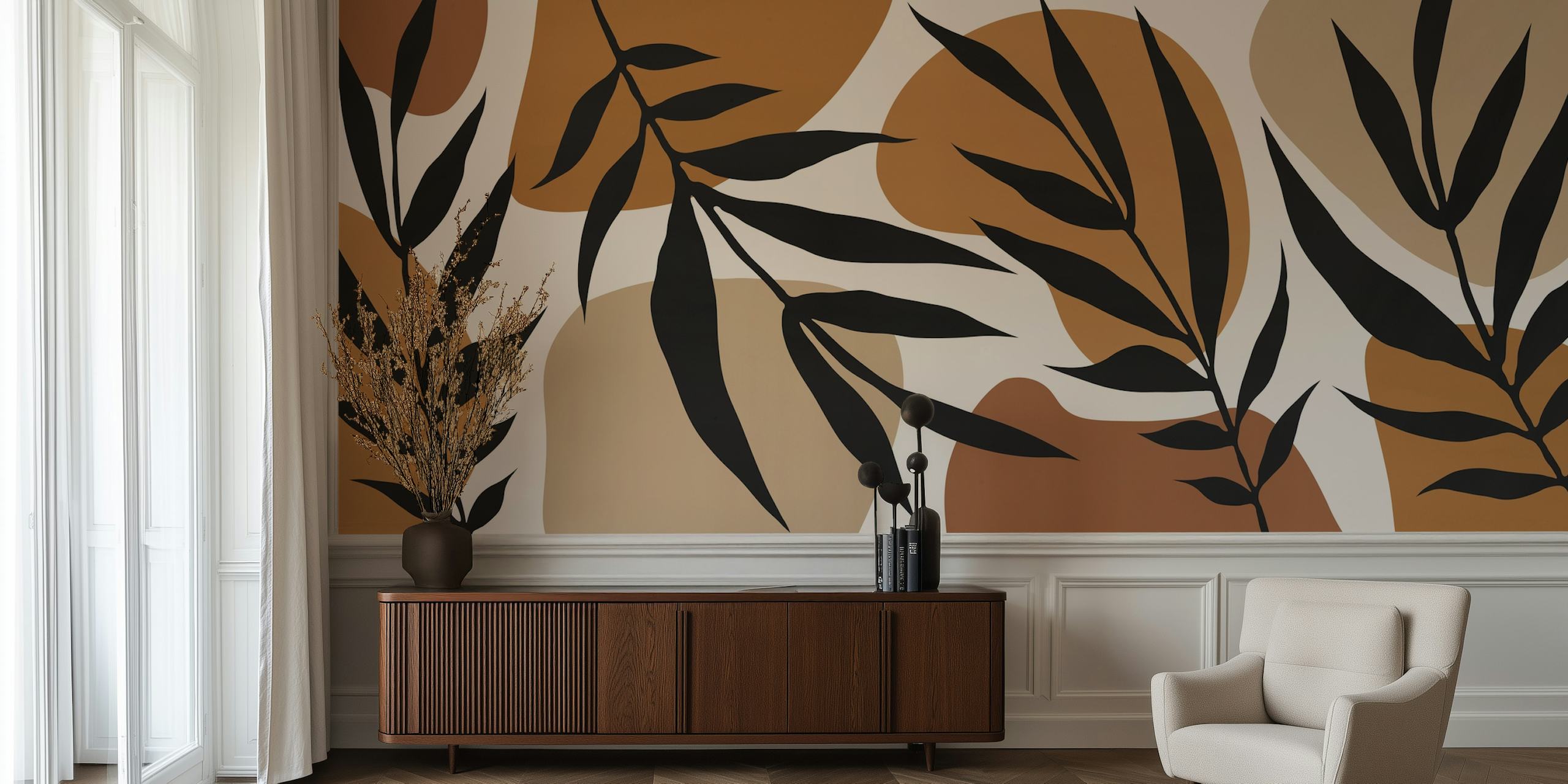 Tropical Leaves 02 τοιχογραφία με στιλιζαρισμένα φύλλα σε γήινες αποχρώσεις