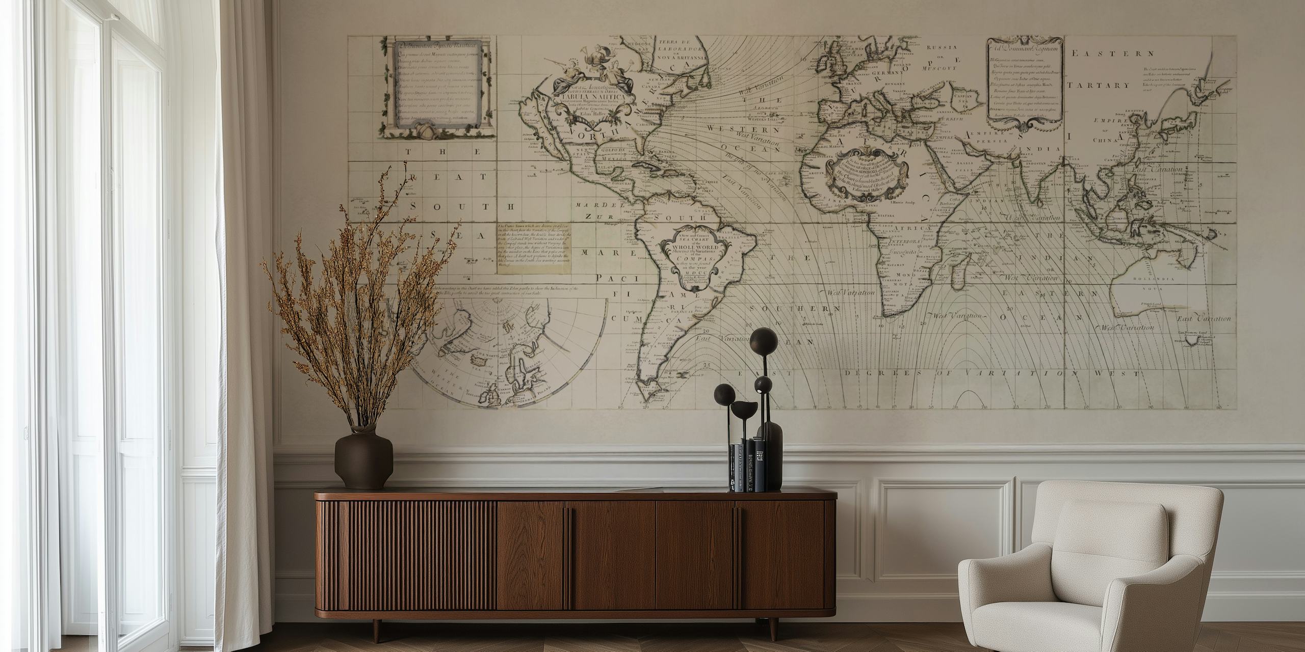 Papel tapiz de mapa mundial antiguo en una sala de exposición