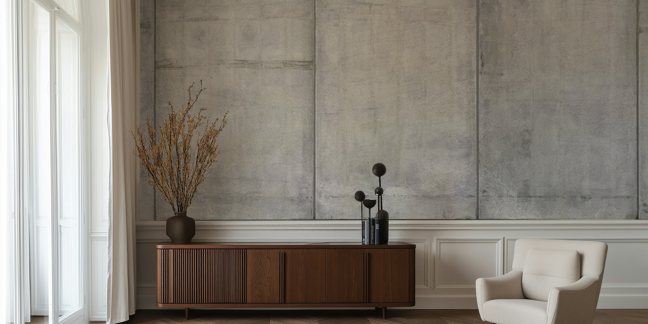 Concrete Panels wall mural with varying shades of grey, creating an industrial chic appearance