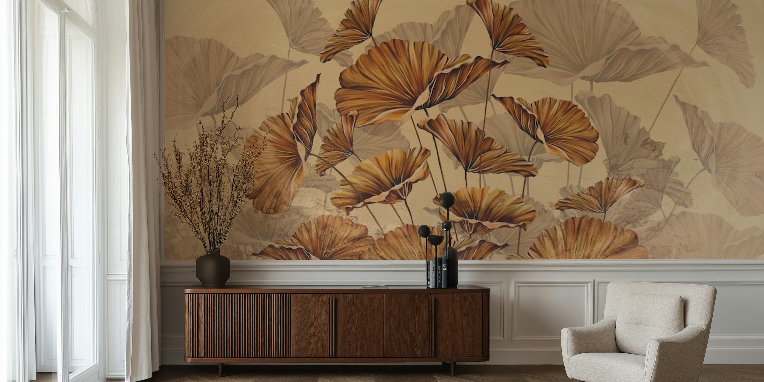 Beige floral wallpaper with golden leaves design