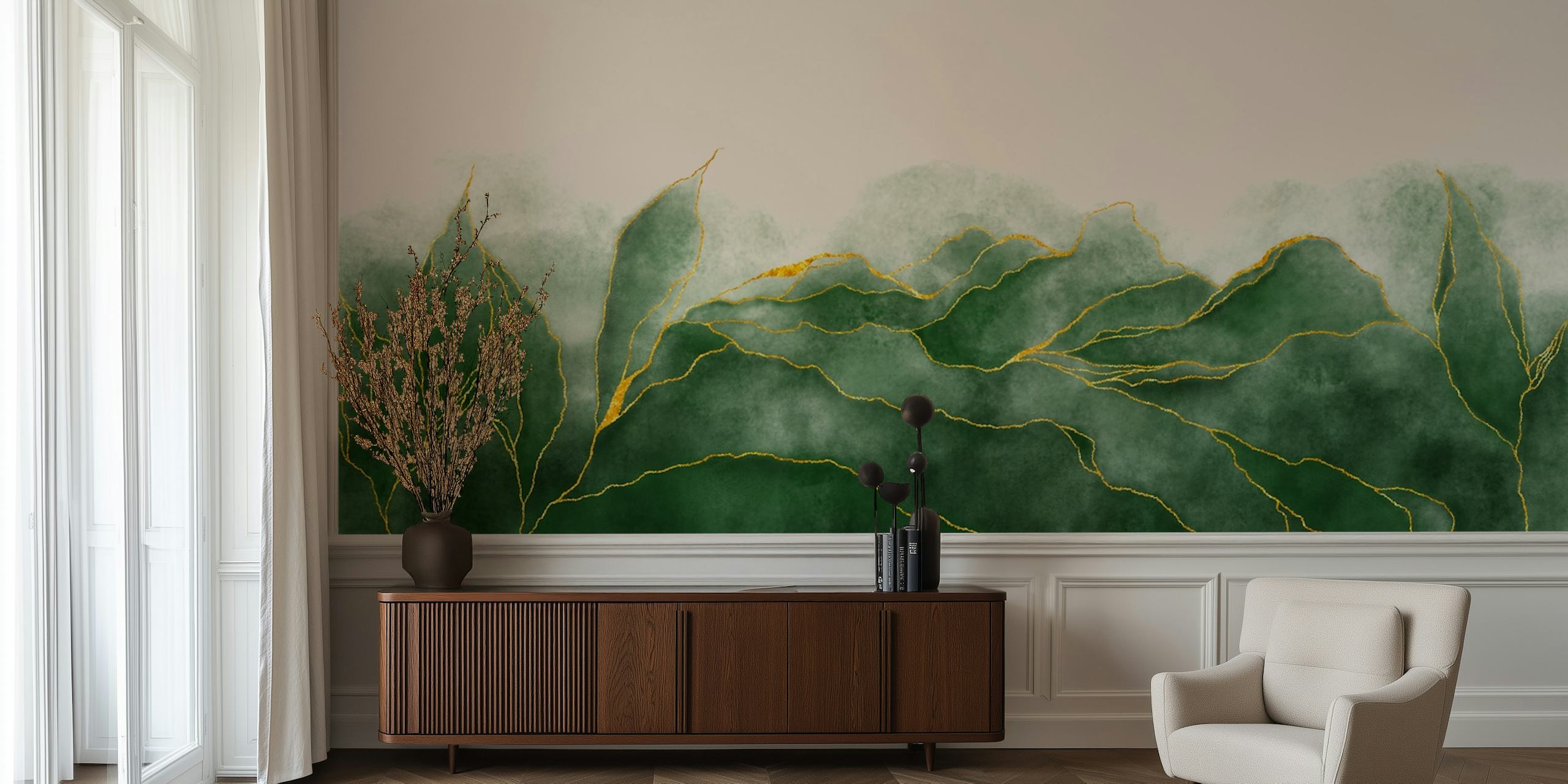 Green watercolor veins ταπετσαρία σε ένα δωμάτιο