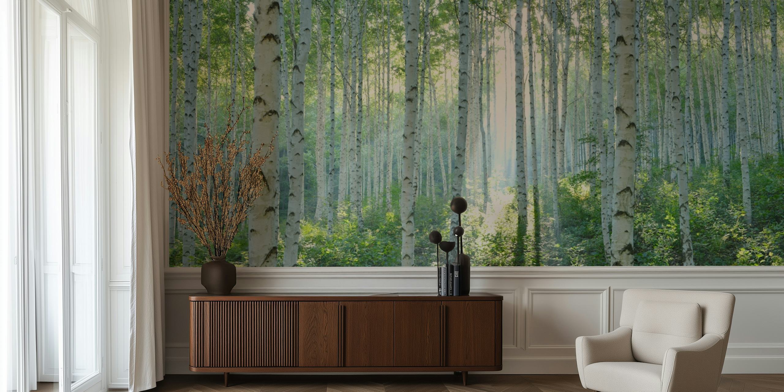 Birch trees in a jungle setting with green foliage and sunlight ambiance wallpaper