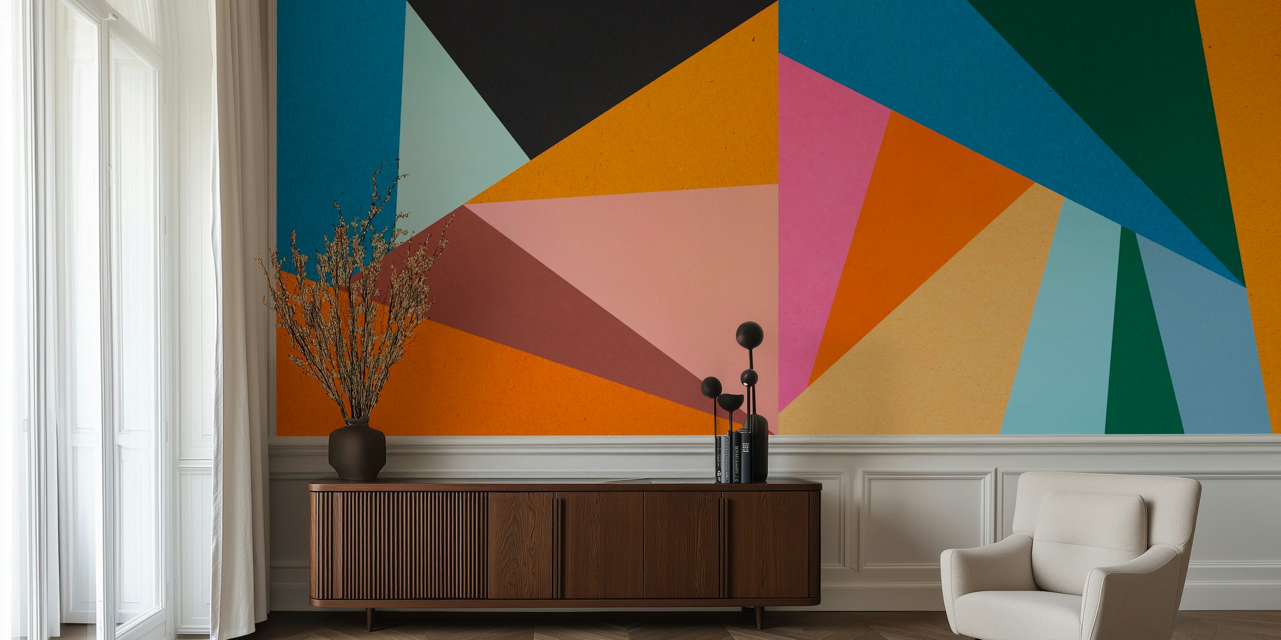 Χρωματιστό γεωμετρικό σχέδιο τοιχογραφίας με μια σειρά από φωτεινά τρίγωνα.