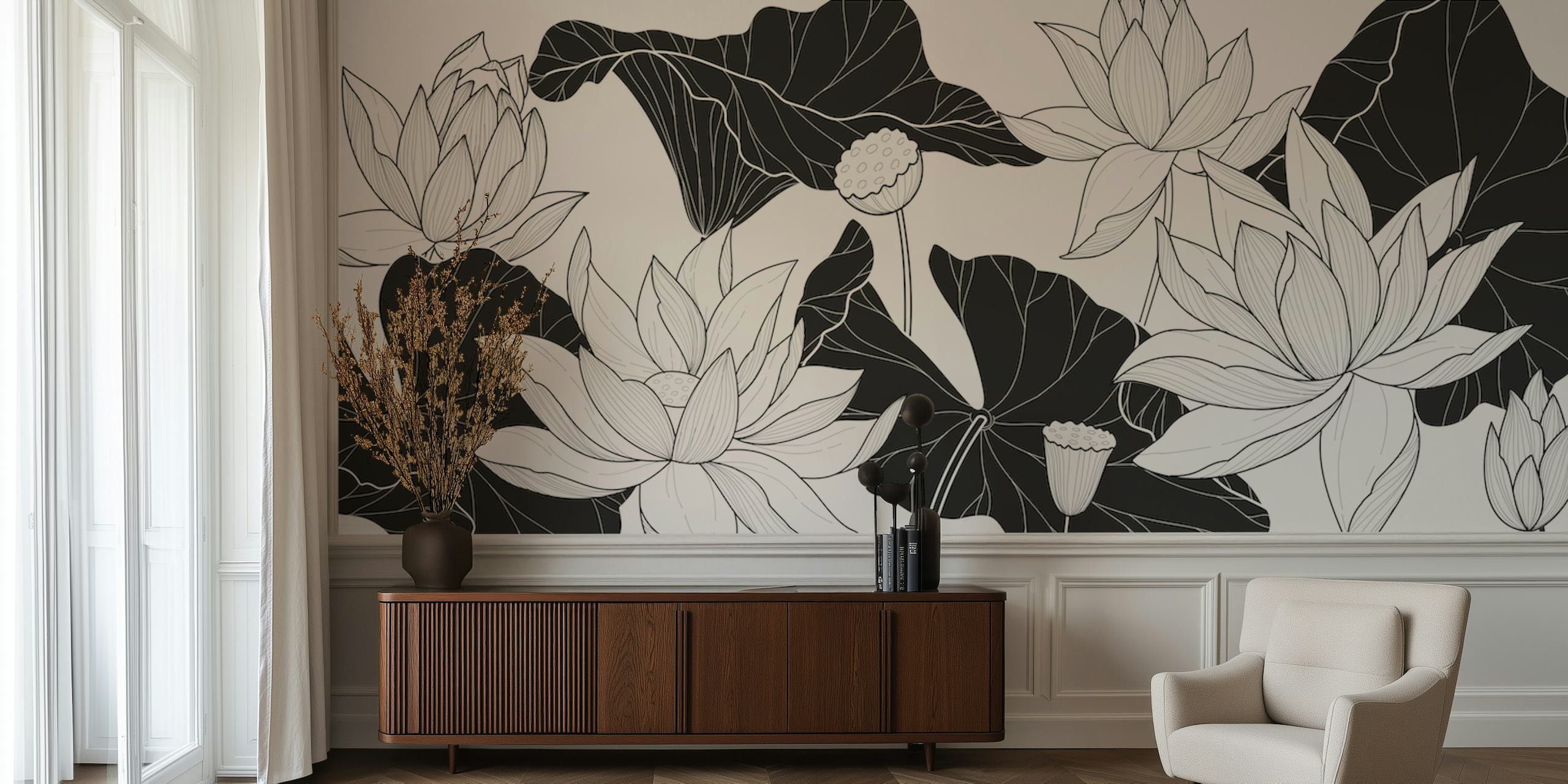 Black and white botanical wallpaper featuring lotus flowers and leaves.