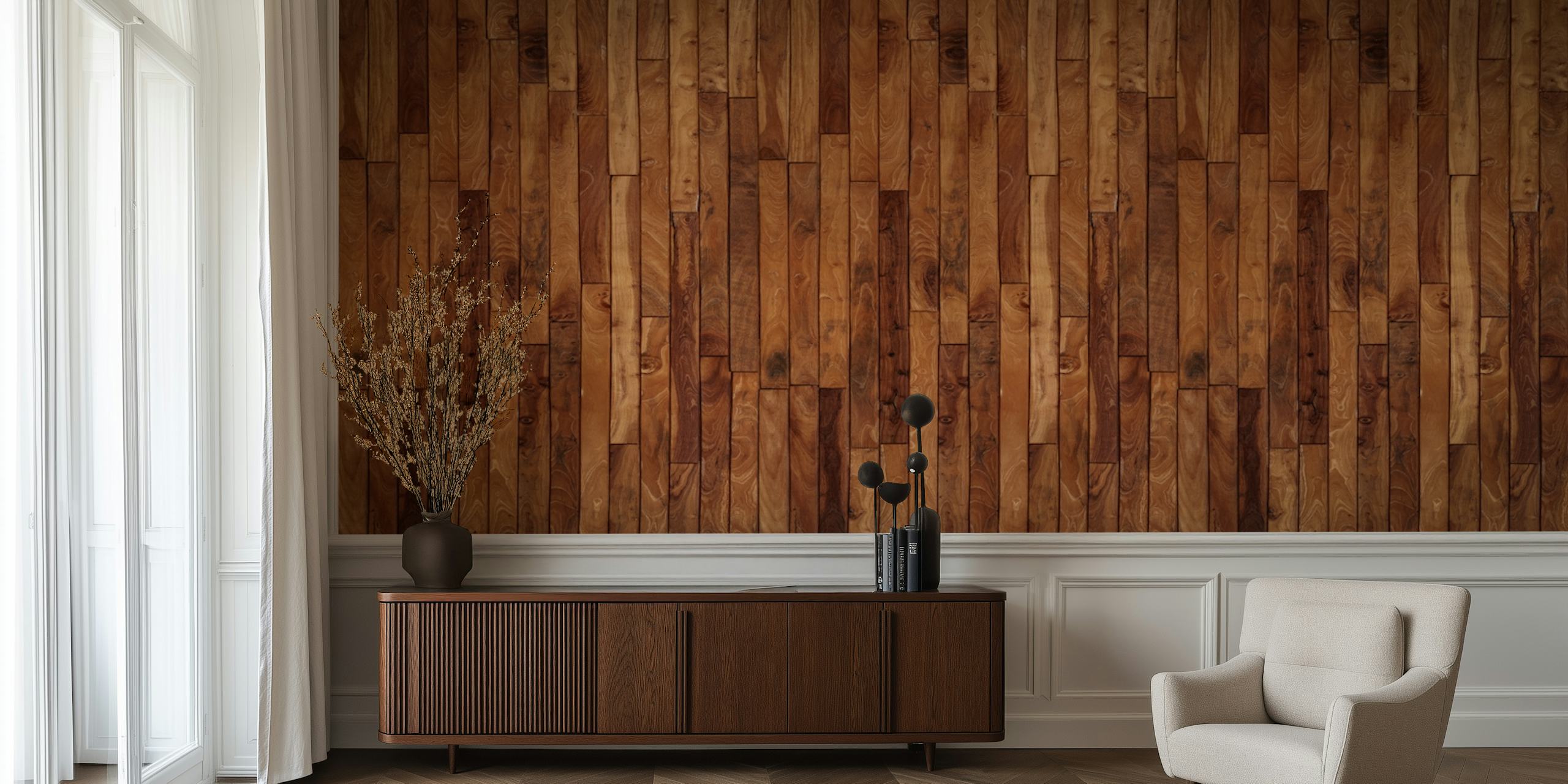 Rustic wooden plank wallpaper in various brown hues, textured design
