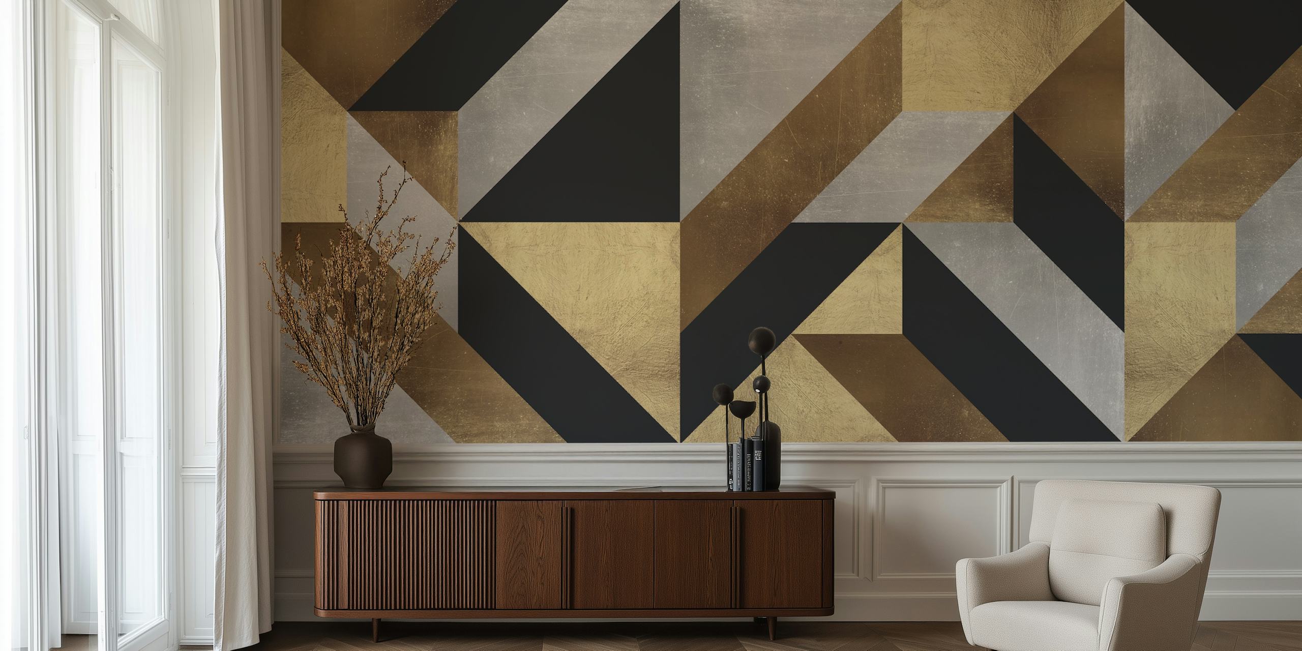 Geometryczna fototapeta ze złotymi, czarnymi i metalicznymi wzorami