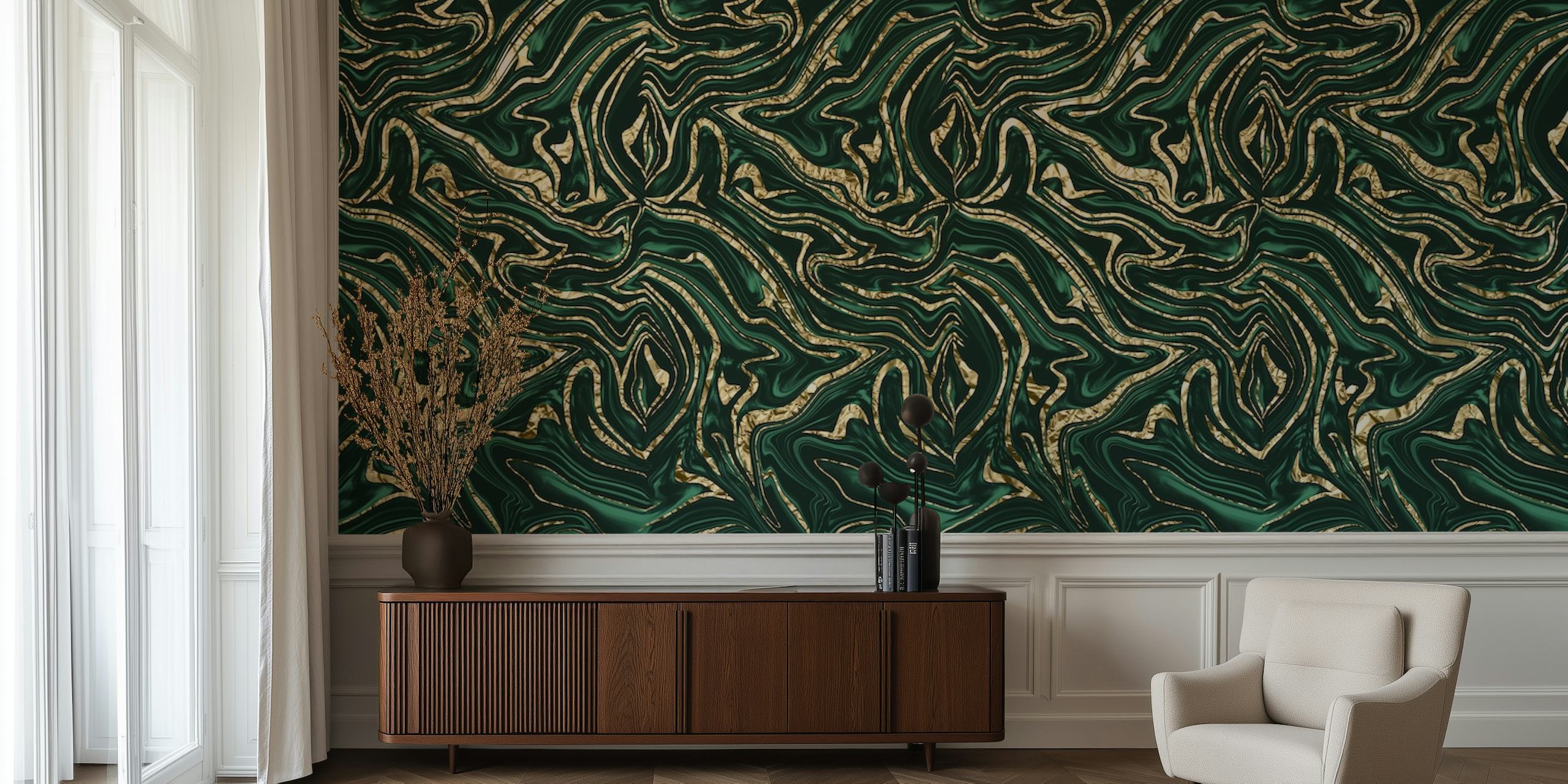 Emerald green and gold marble pattern wallpaper