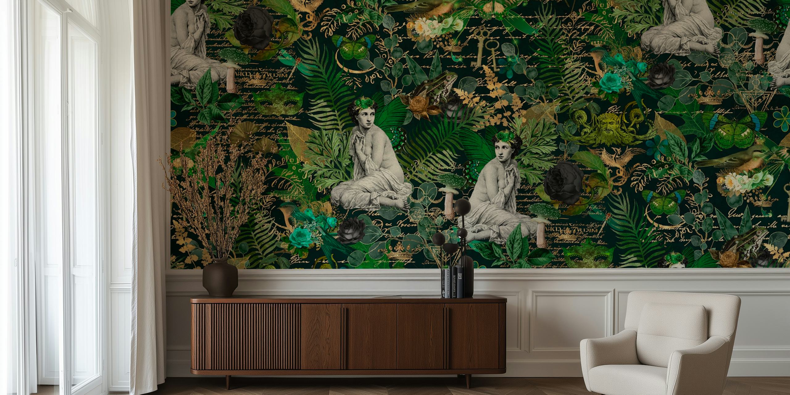 Mystic Mythology Forest Green veggmaleri med mytiske figurer og frodig løvverk.