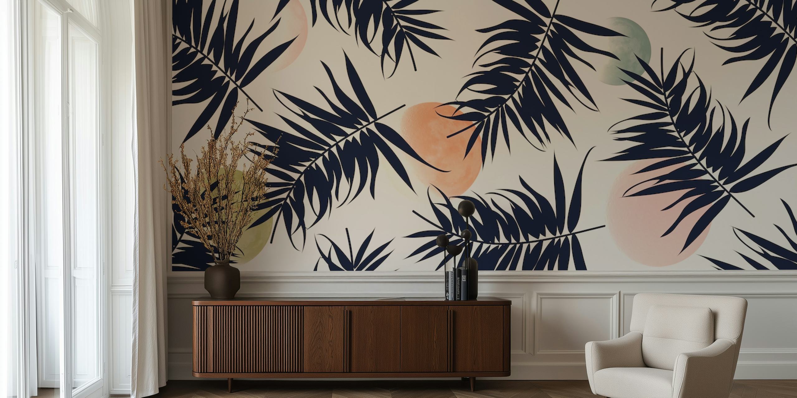 Retro tropical wallpaper featuring palm leaves